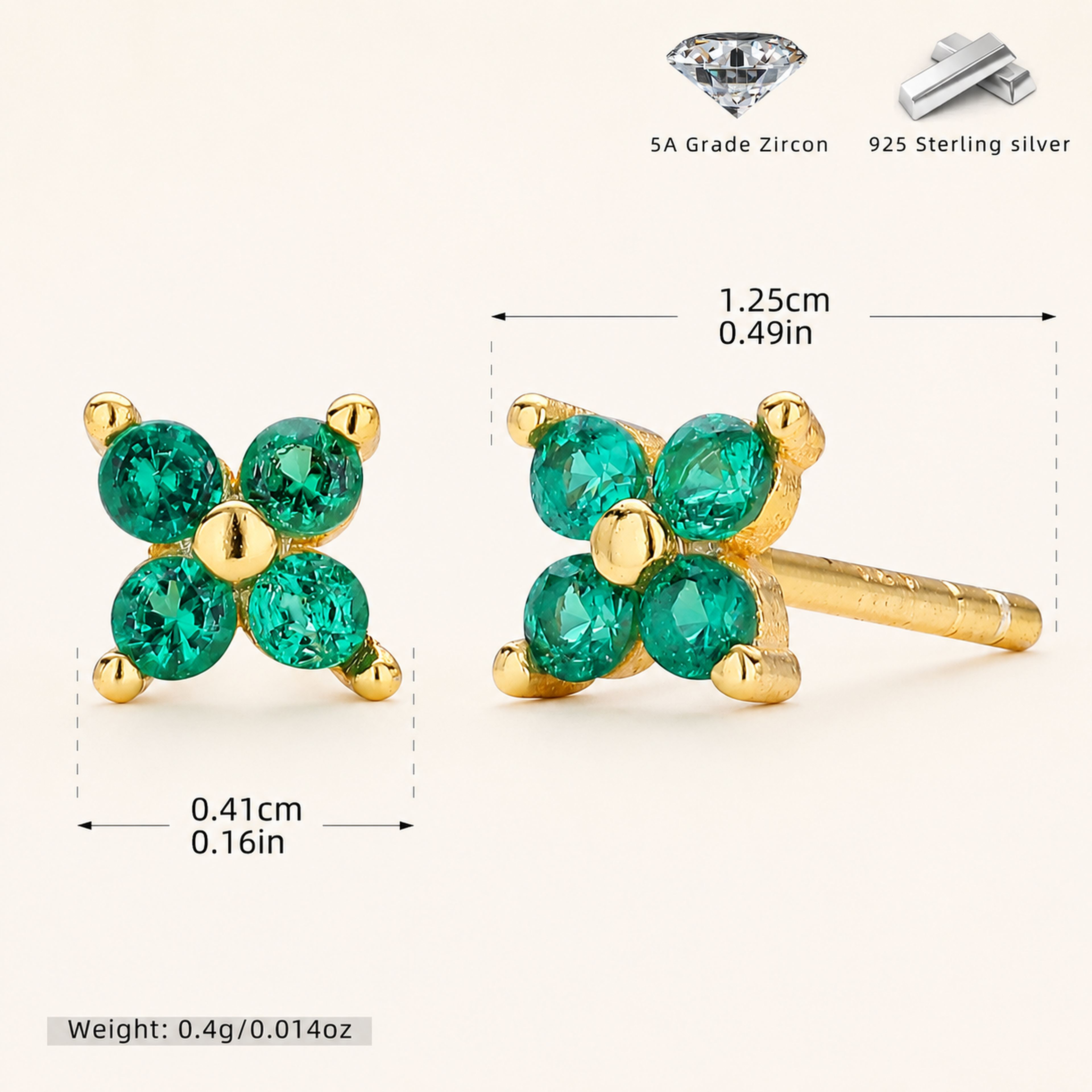 Sterling Silver Four-Petal Flower Stud Earrings - Gold / Green