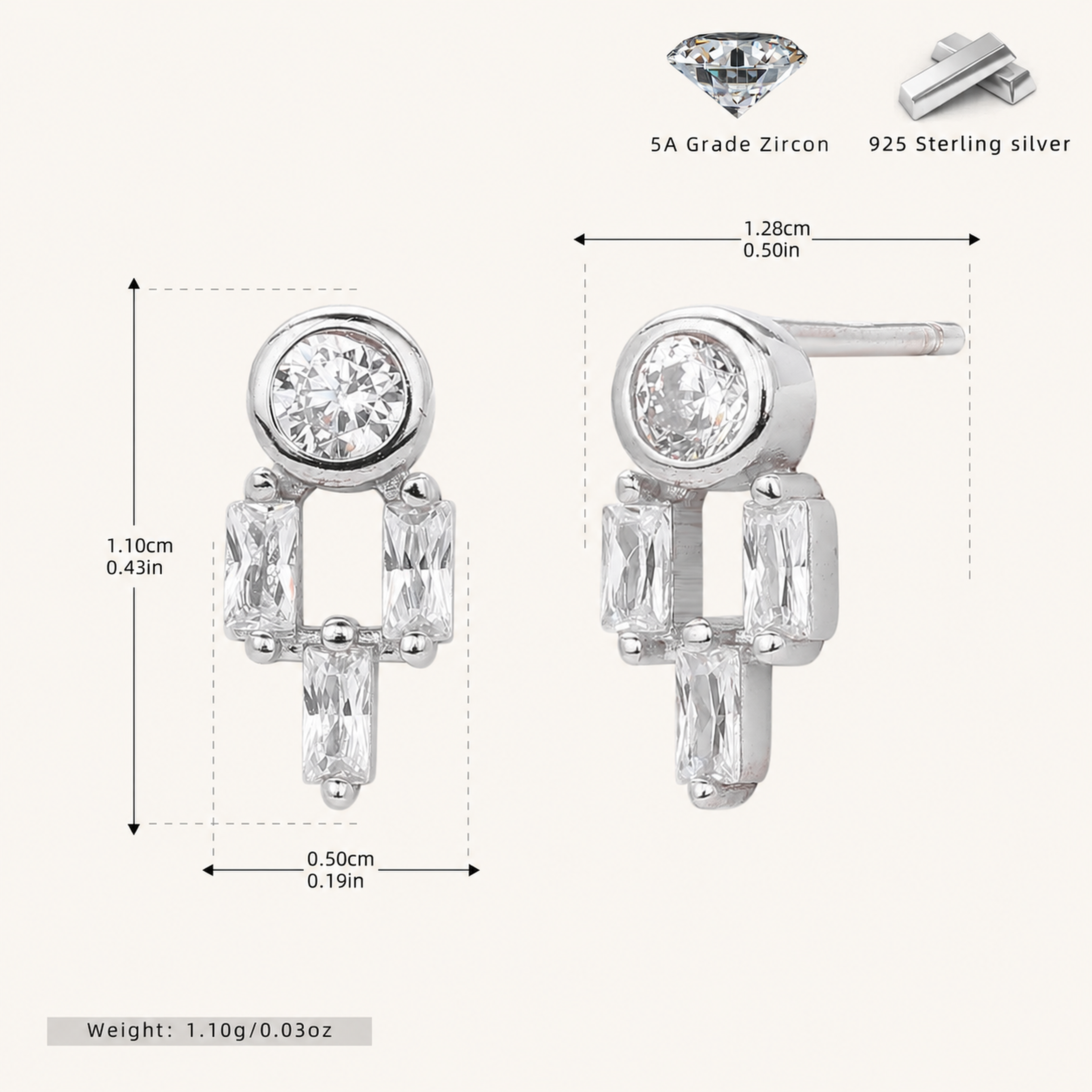 Sterling Silver Dainty Zirconia Stud Earrings - Platinum