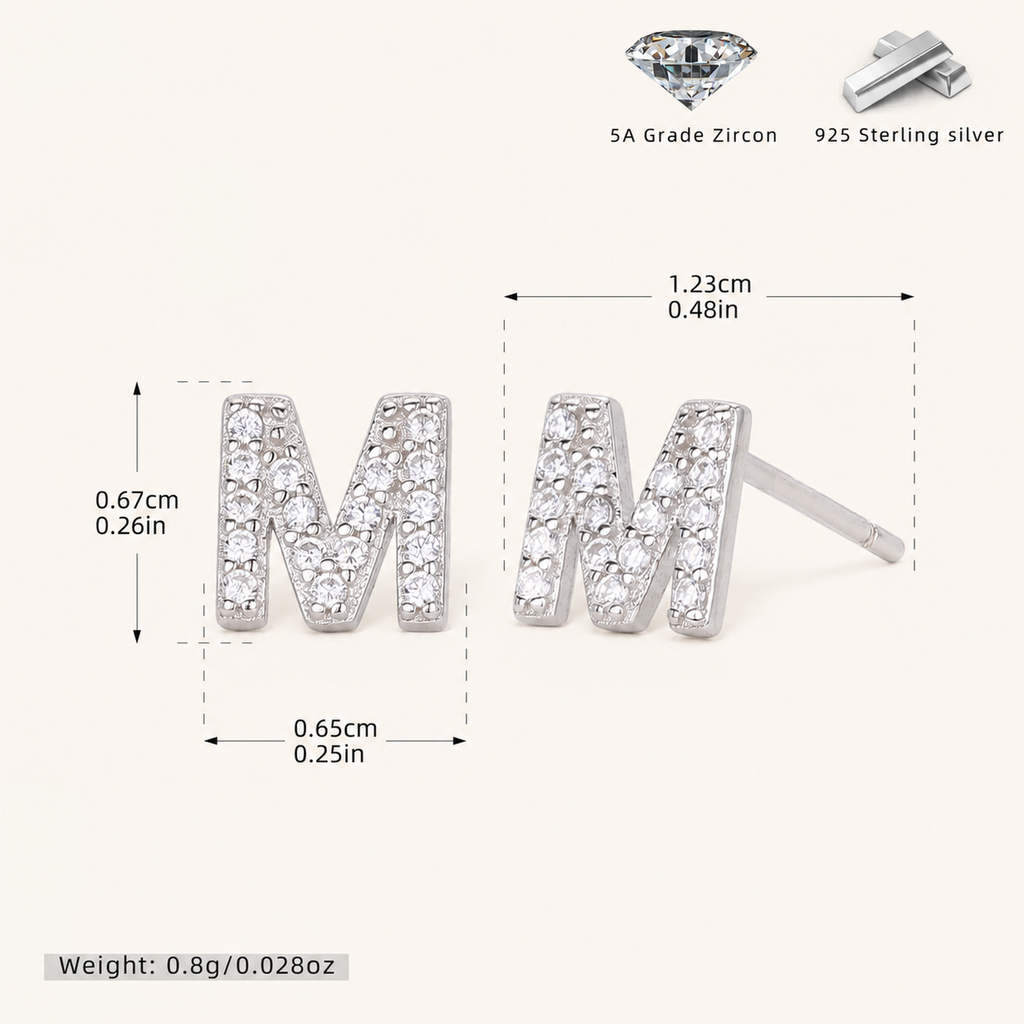 Sterling Silver Pave Initial Letter Stud Earrings - Platinum / M