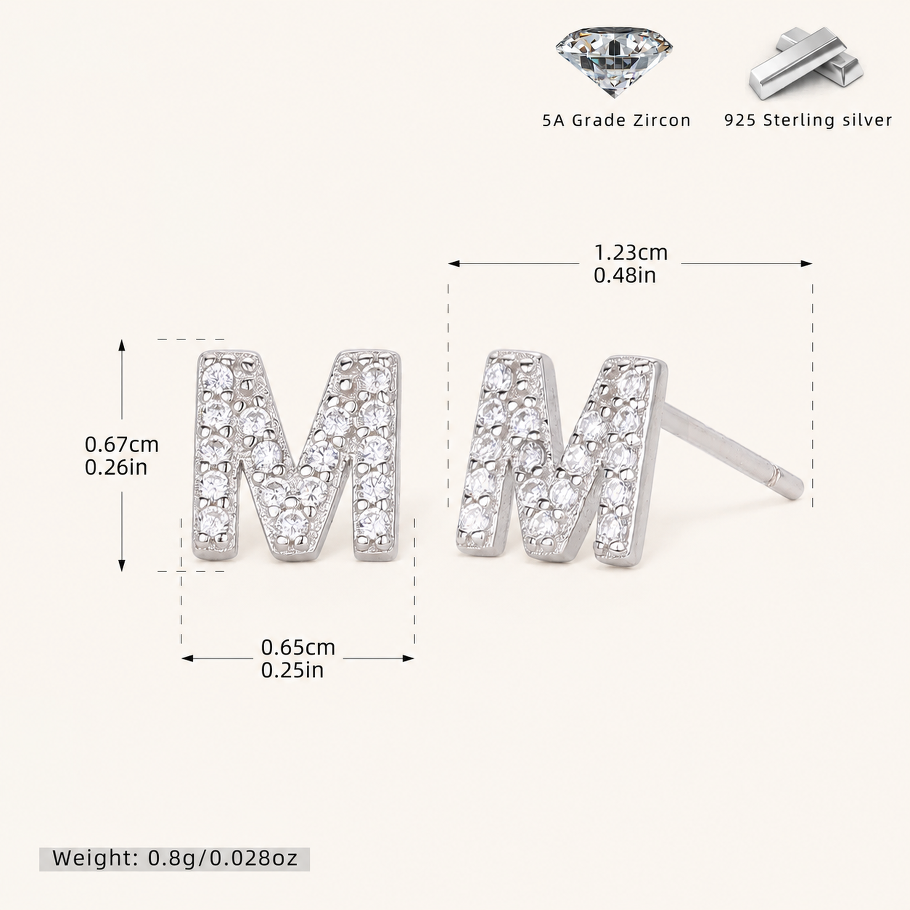 Sterling Silver Pave Initial Letter Stud Earrings - Platinum / M
