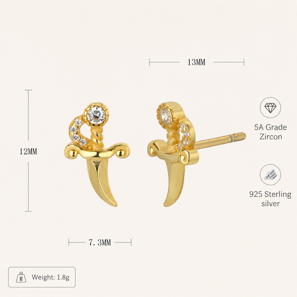 Sterling Silver Zirconia Dagger Stud Earrings - Gold