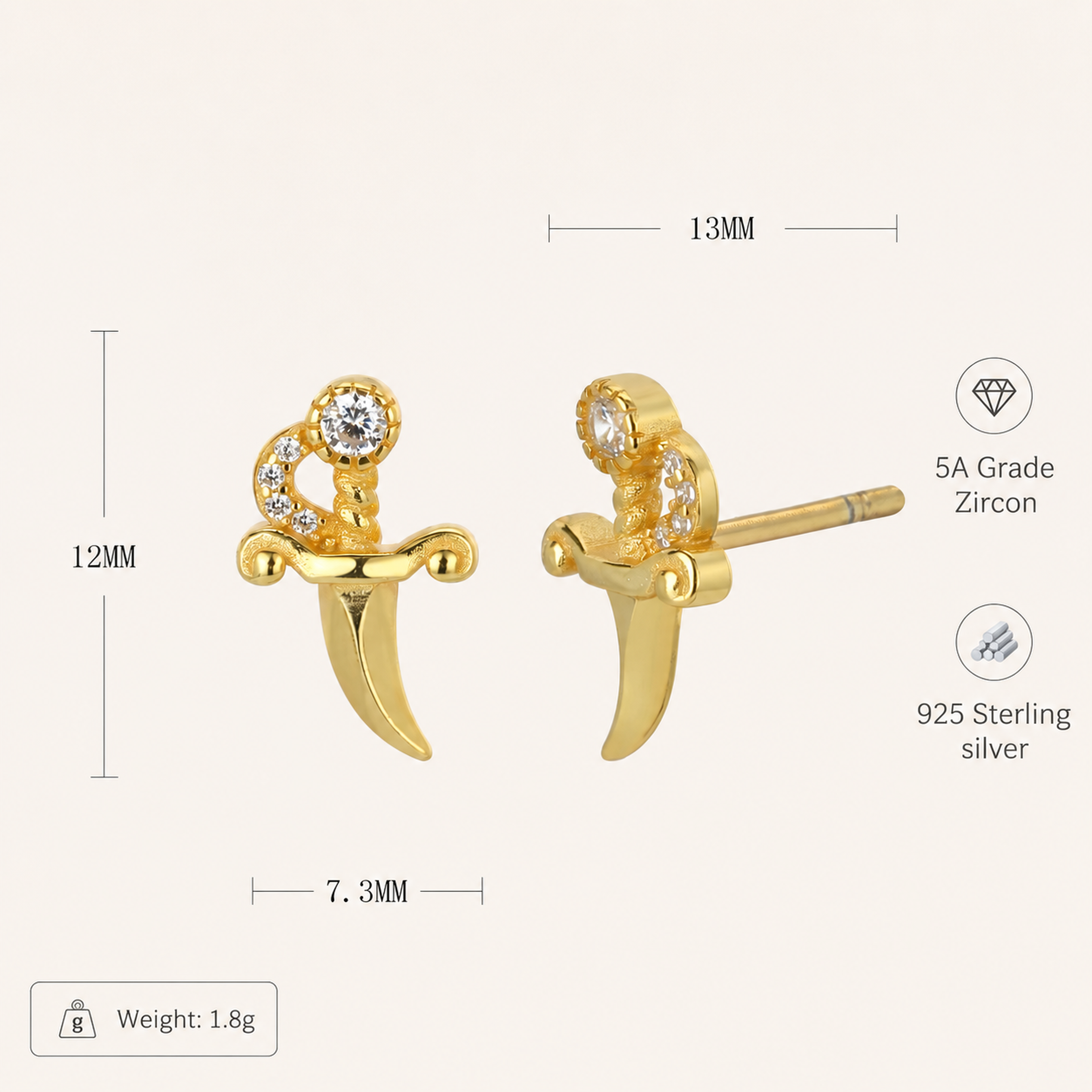 Sterling Silver Zirconia Dagger Stud Earrings - Gold