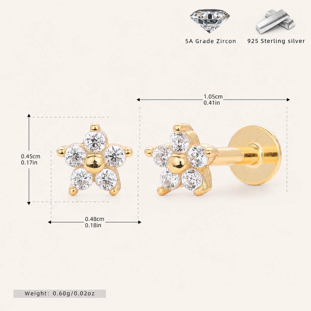 Sterling Silver Five-Point Star Zirconia Flower Flat Back Earrings - Gold