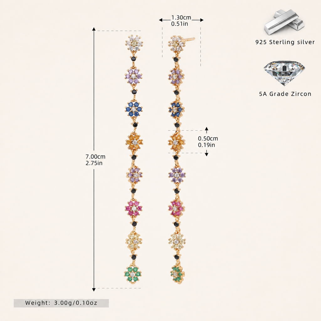 Sterling Silver Colorful Flower Chain Drop Stud Earrings - Gold / Black