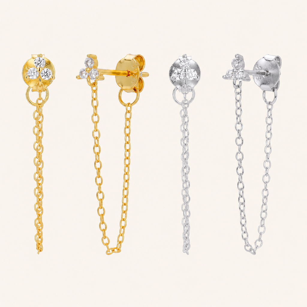 Sterling Silver Zirconia Chain Drop Stud Earrings
