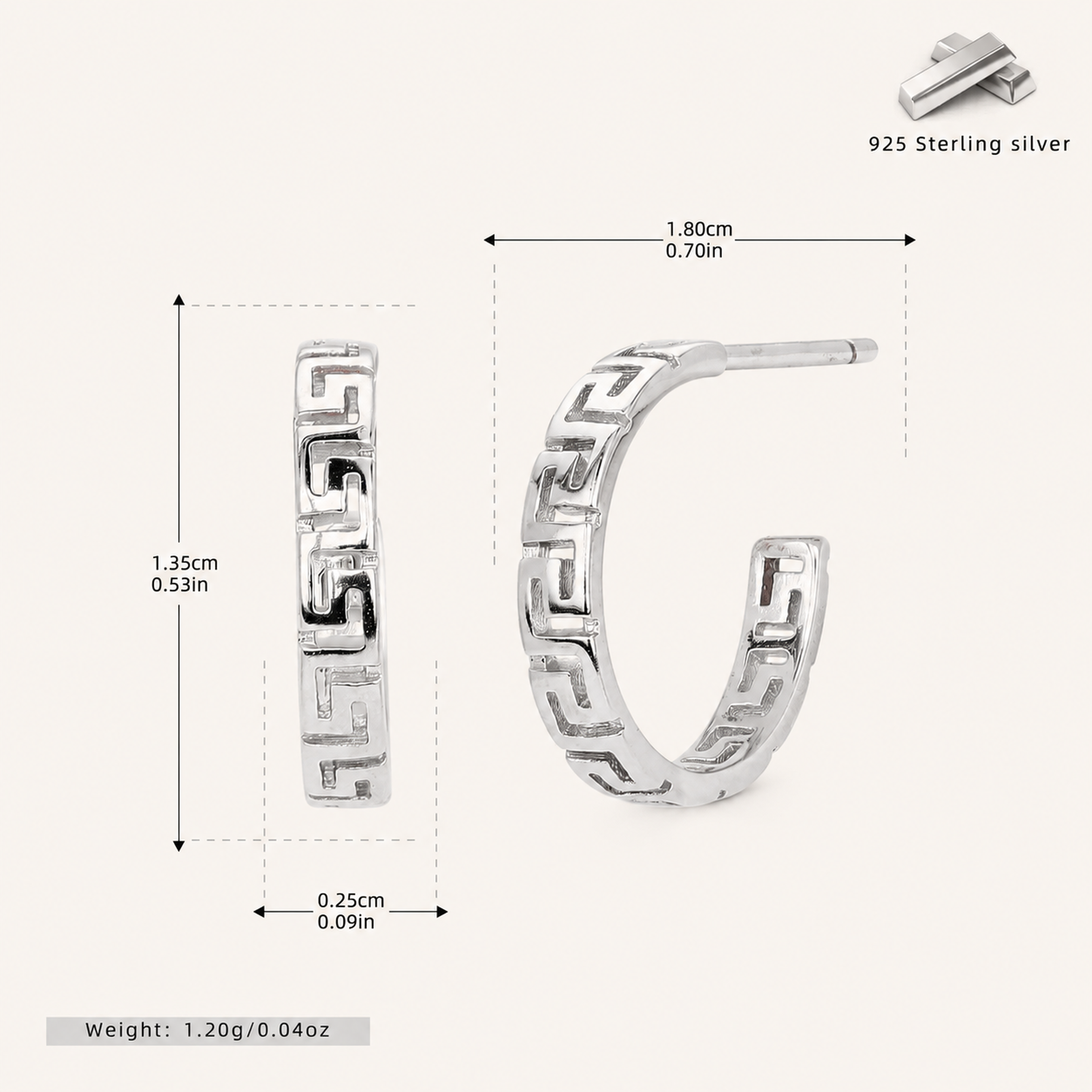 Sterling Silver Geometric C-Curve Stud Earrings - Platinum