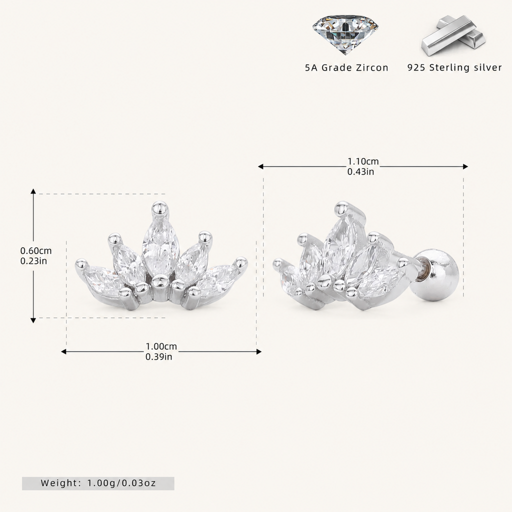 Sterling Silver Zirconia Crown Flat Back Earrings - Platinum