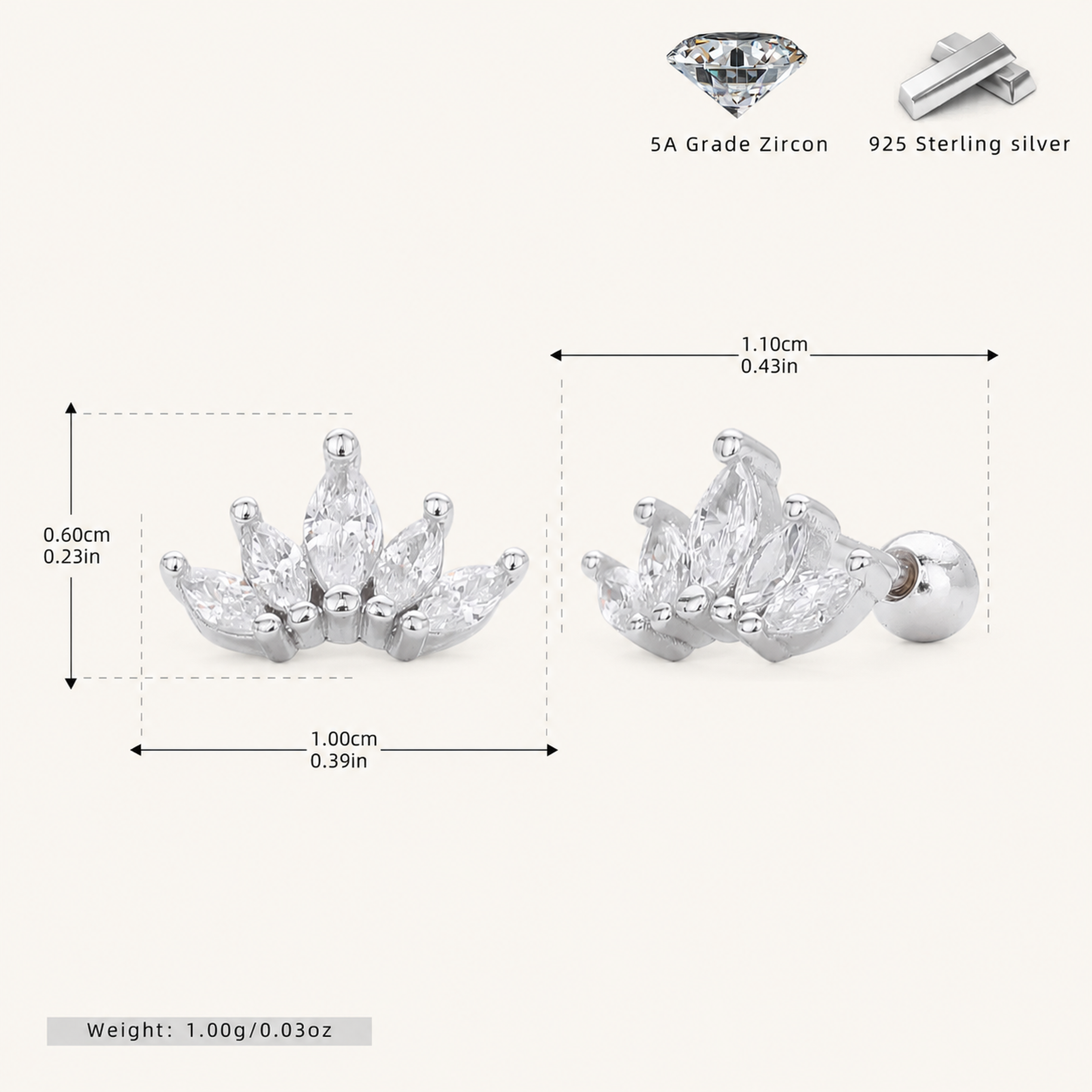 Sterling Silver Zirconia Crown Flat Back Earrings - Platinum