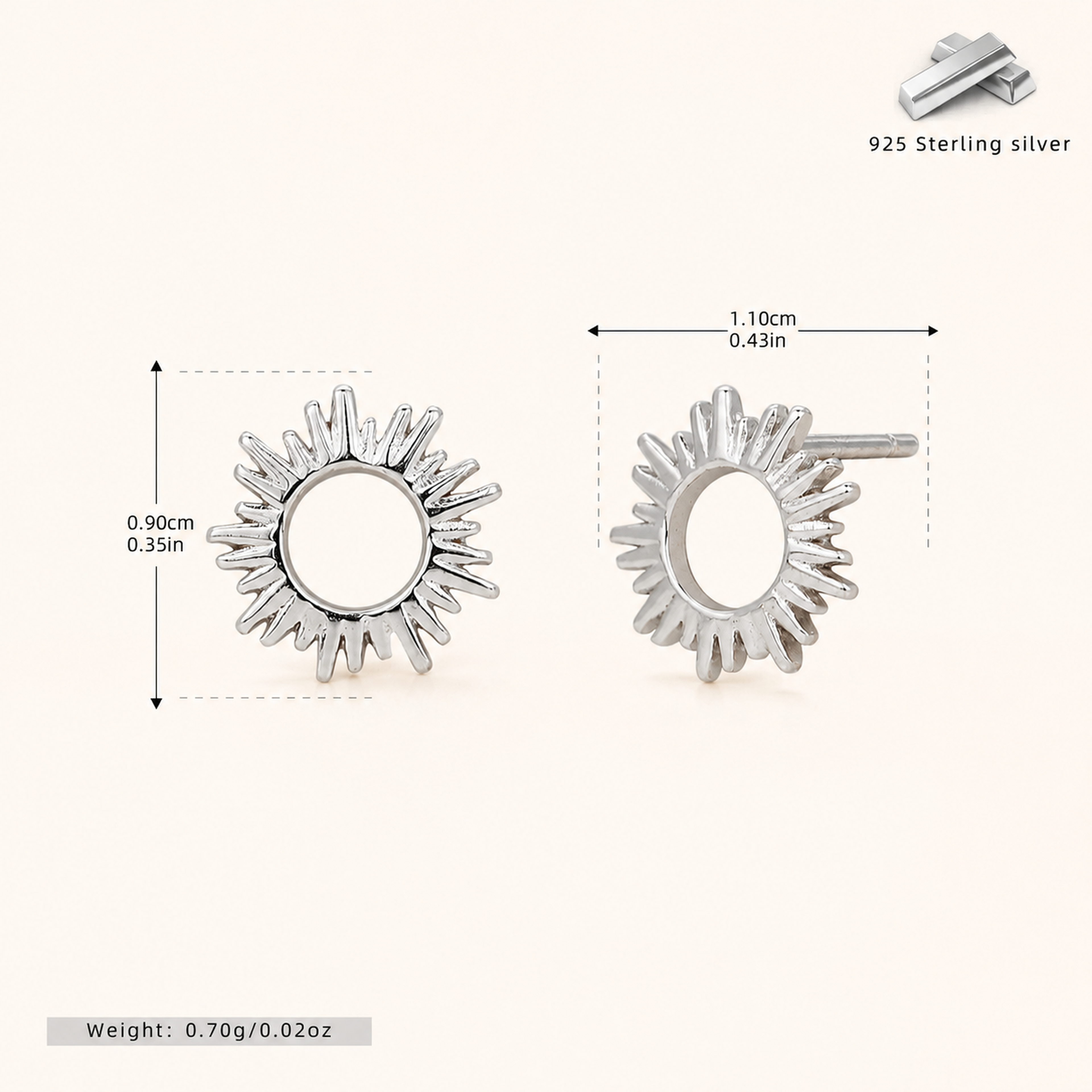 Sterling Silver Little Sun Stud Earrings - Platinum