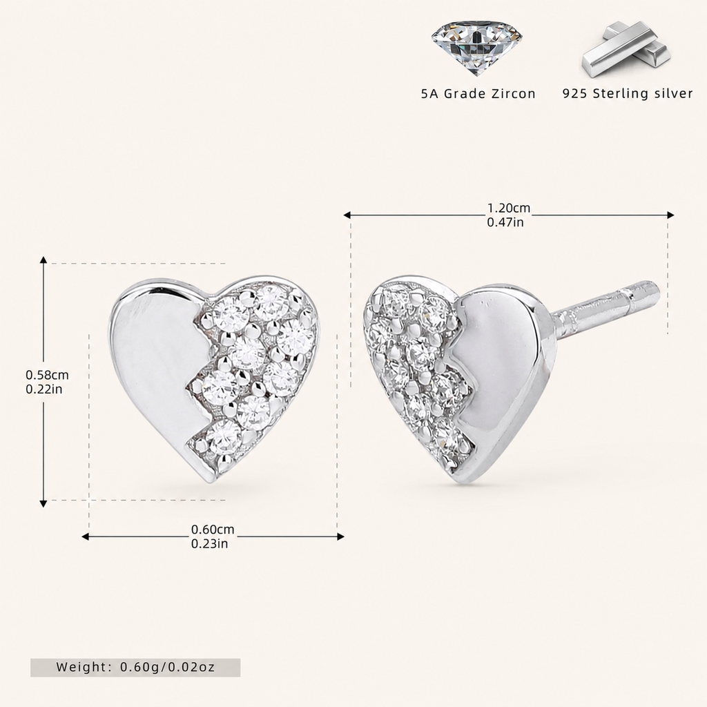 Sterling Silver Zirconia Heart Stud Earrings - Platinum