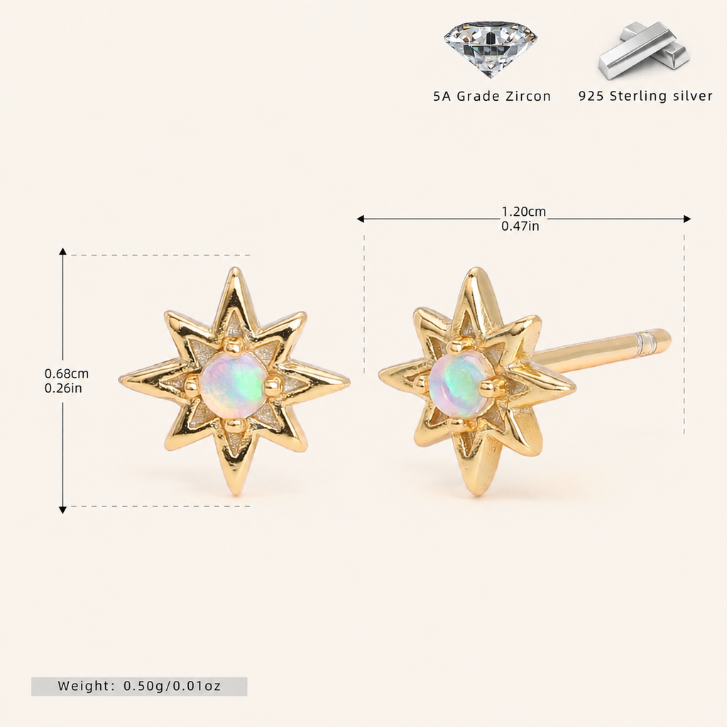 Sterling Silver Opal Eight-Point Star Stud Earrings - Gold / White