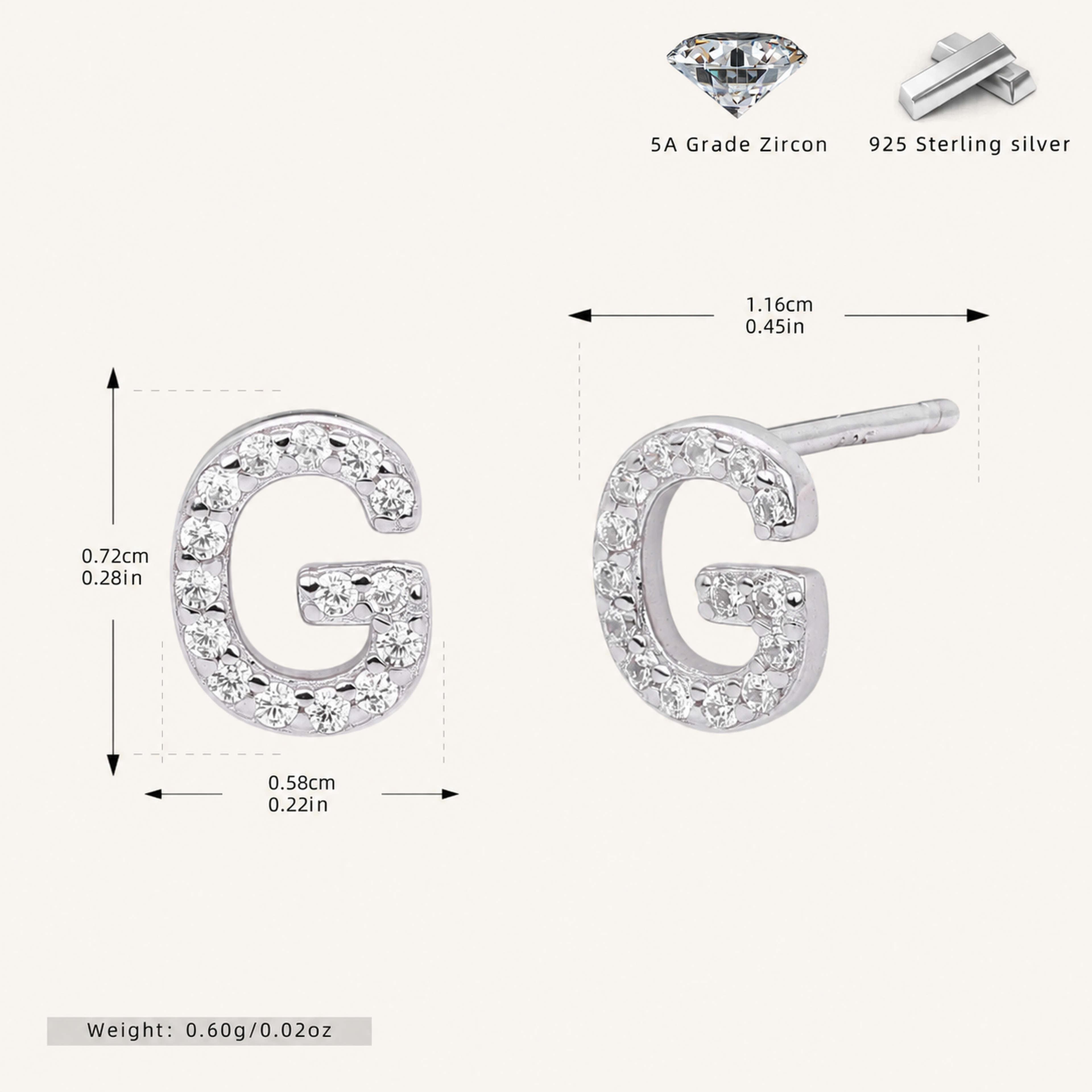 Sterling Silver Pave Initial Letter Stud Earrings - Platinum / G