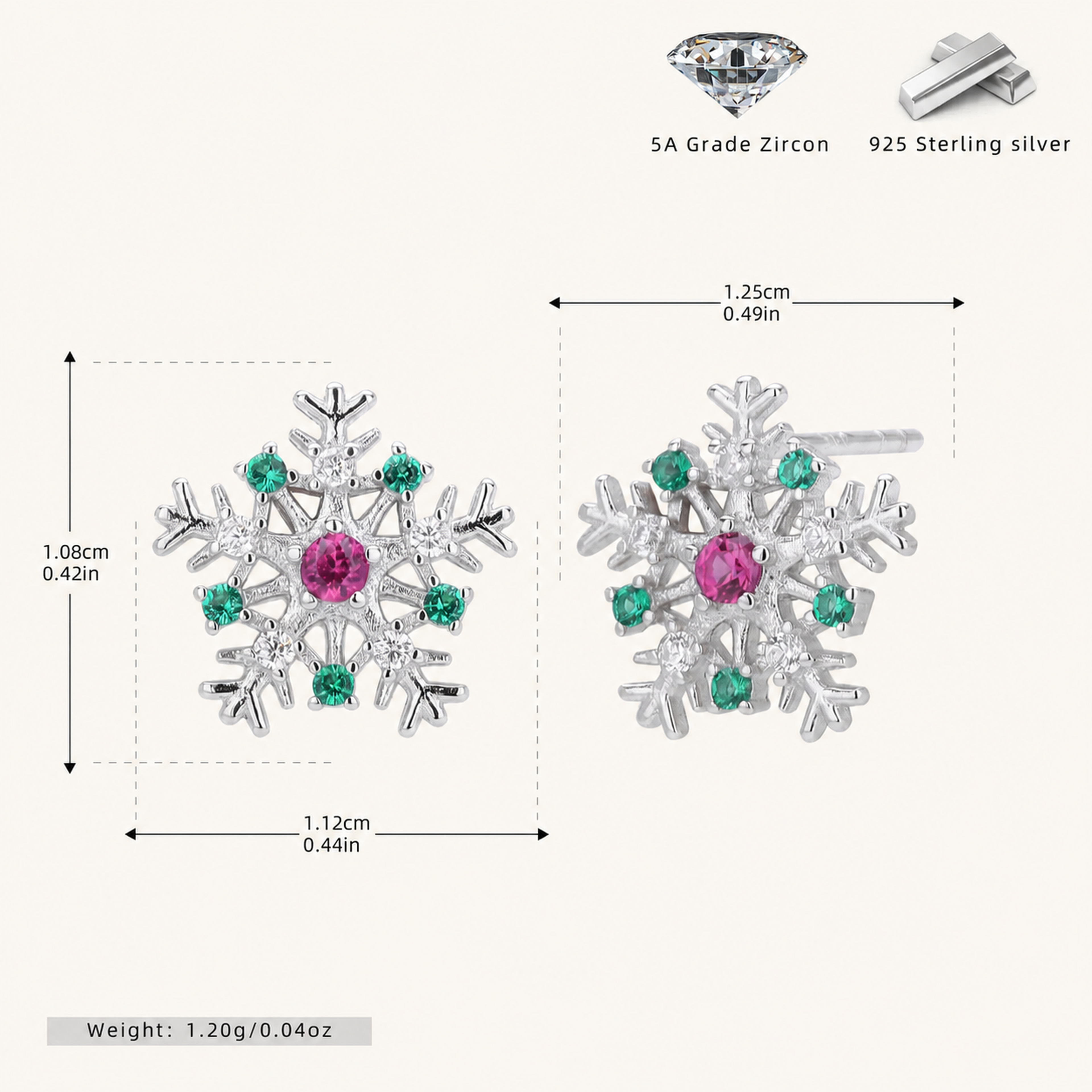 Sterling Silver Christmas Snowflake Stud Earrings - Platinum