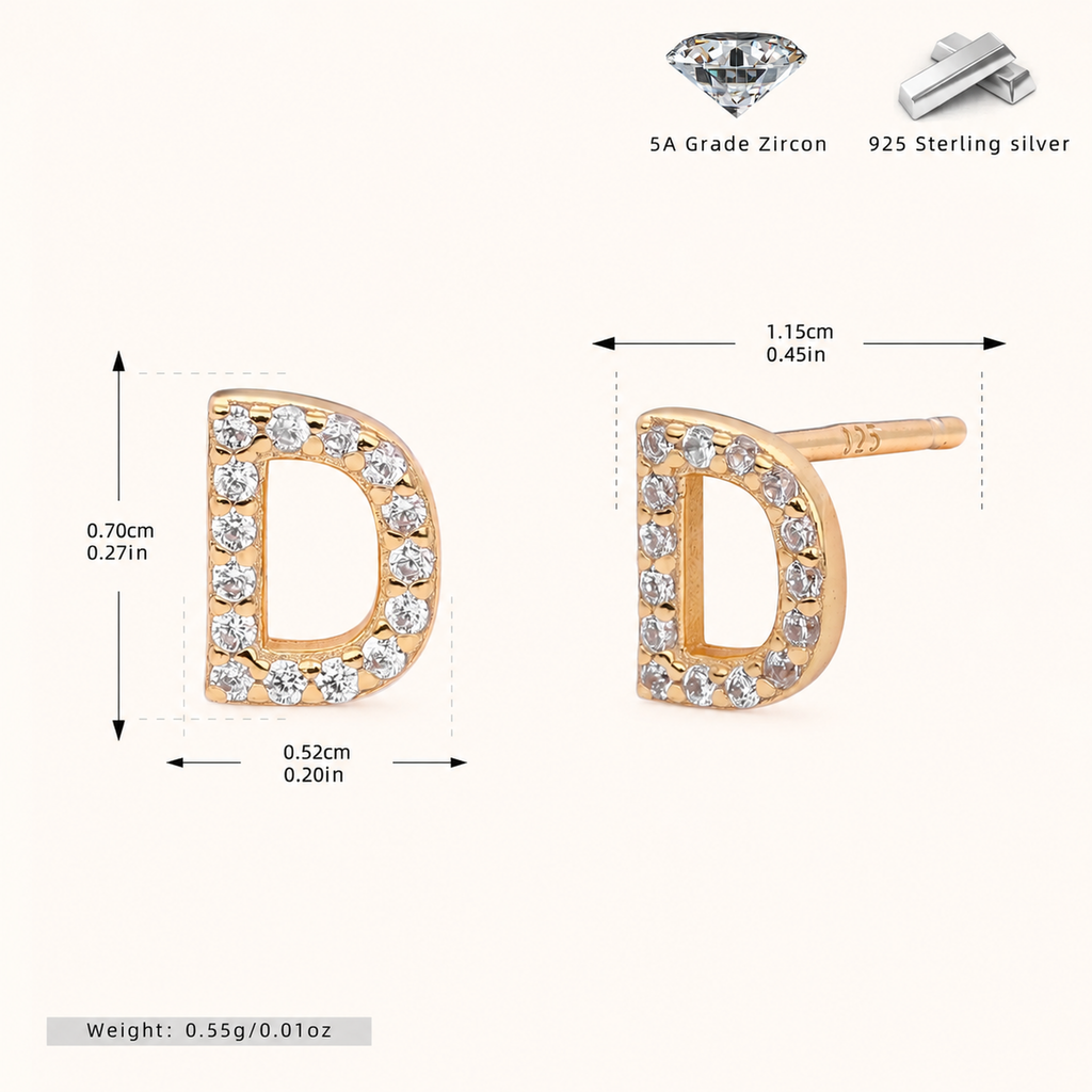 Sterling Silver Pave Initial Letter Stud Earrings - Gold / D