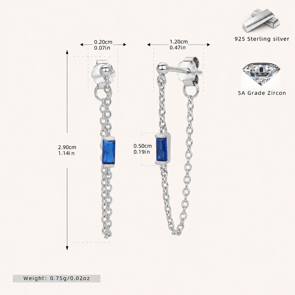 Sterling Silver Multicolor Zirconia Chain Drop Stud Earrings - Platinum / Blue