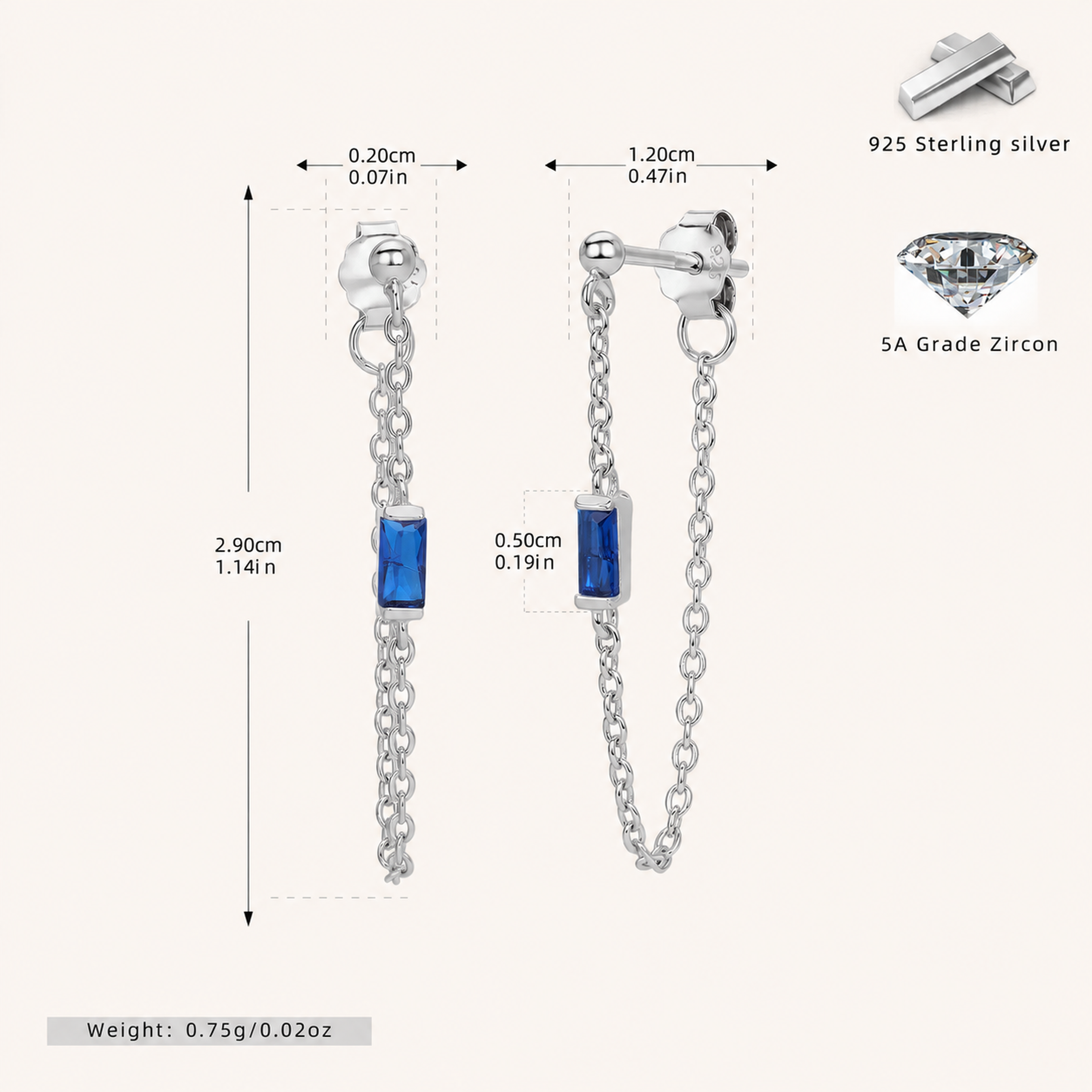 Sterling Silver Multicolor Zirconia Chain Drop Stud Earrings - Platinum / Blue