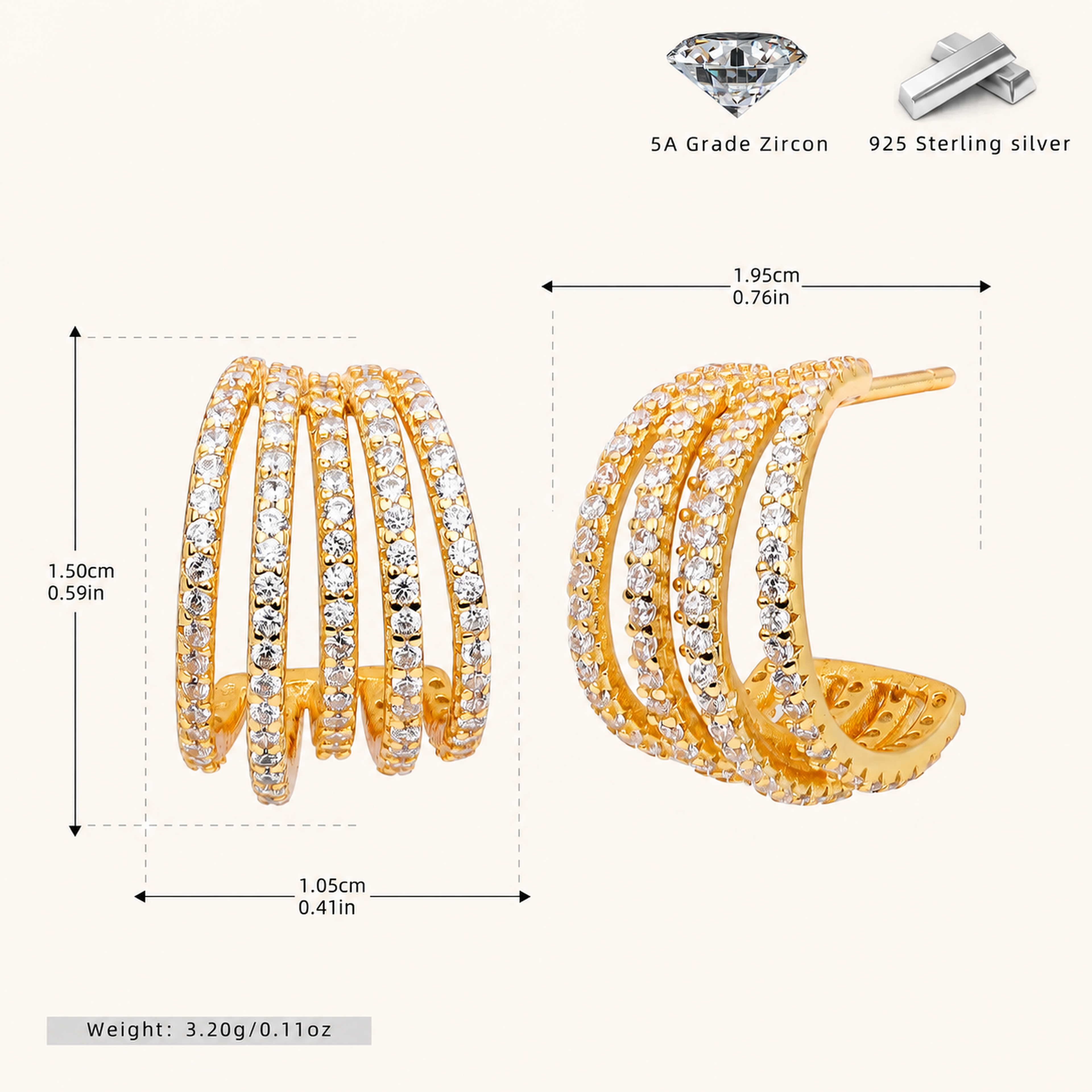 Sterling Silver Irregular Zirconia Bar Stud Earrings - Gold