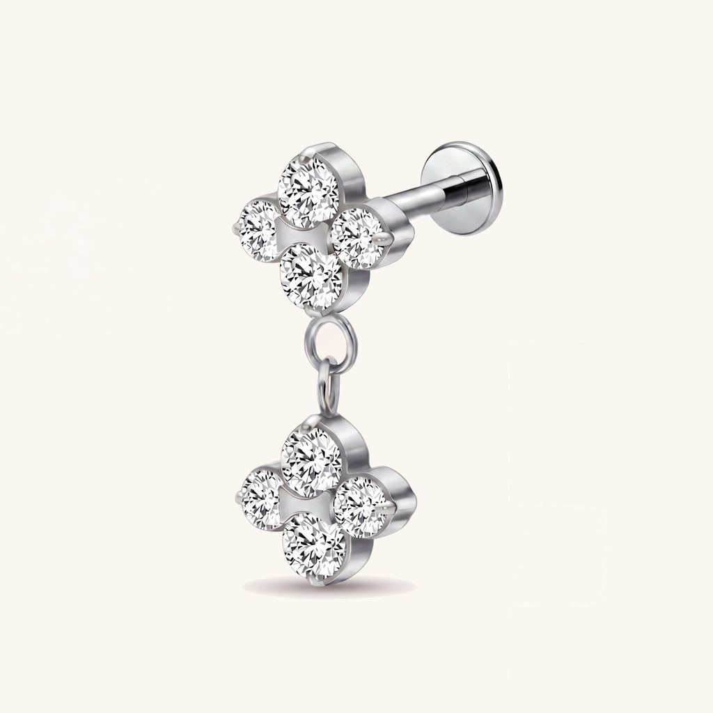 Flower Crystal Drop Titanium Flat Back Earring - Silver