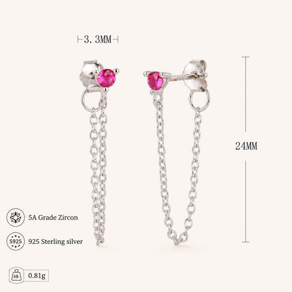 Sterling Silver Turquoise Chain Threader Earrings - Platinum / Red