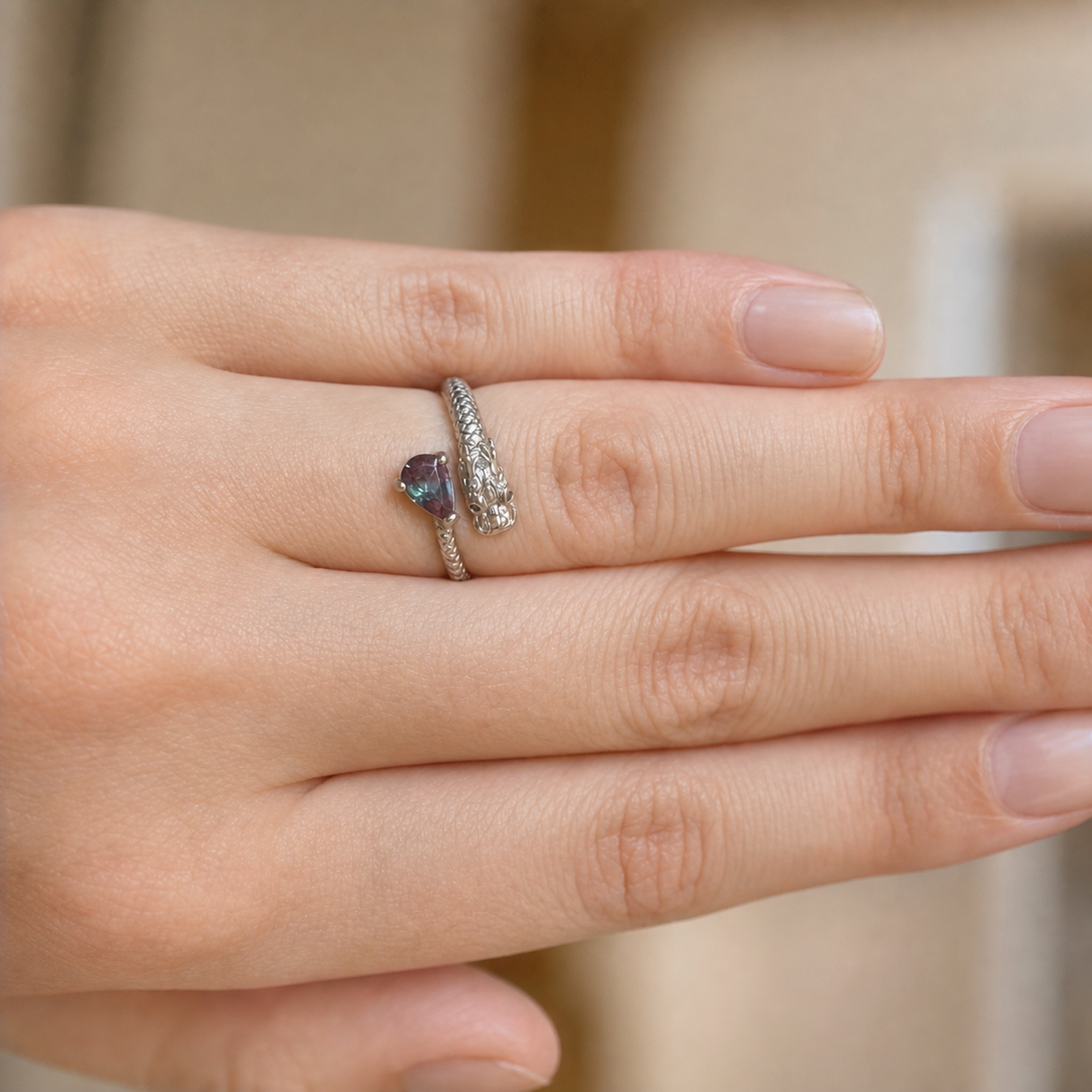 Wyrmcoil Lab-Grown Alexandrite Ring worn on hand