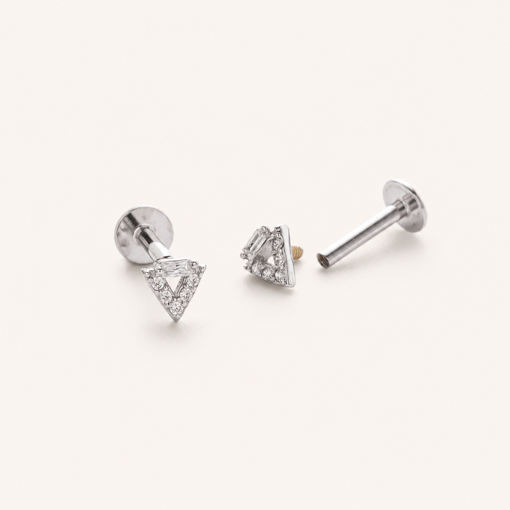 Sterling Silver Openwork Triangle Zirconia Flat Back Earrings detail view