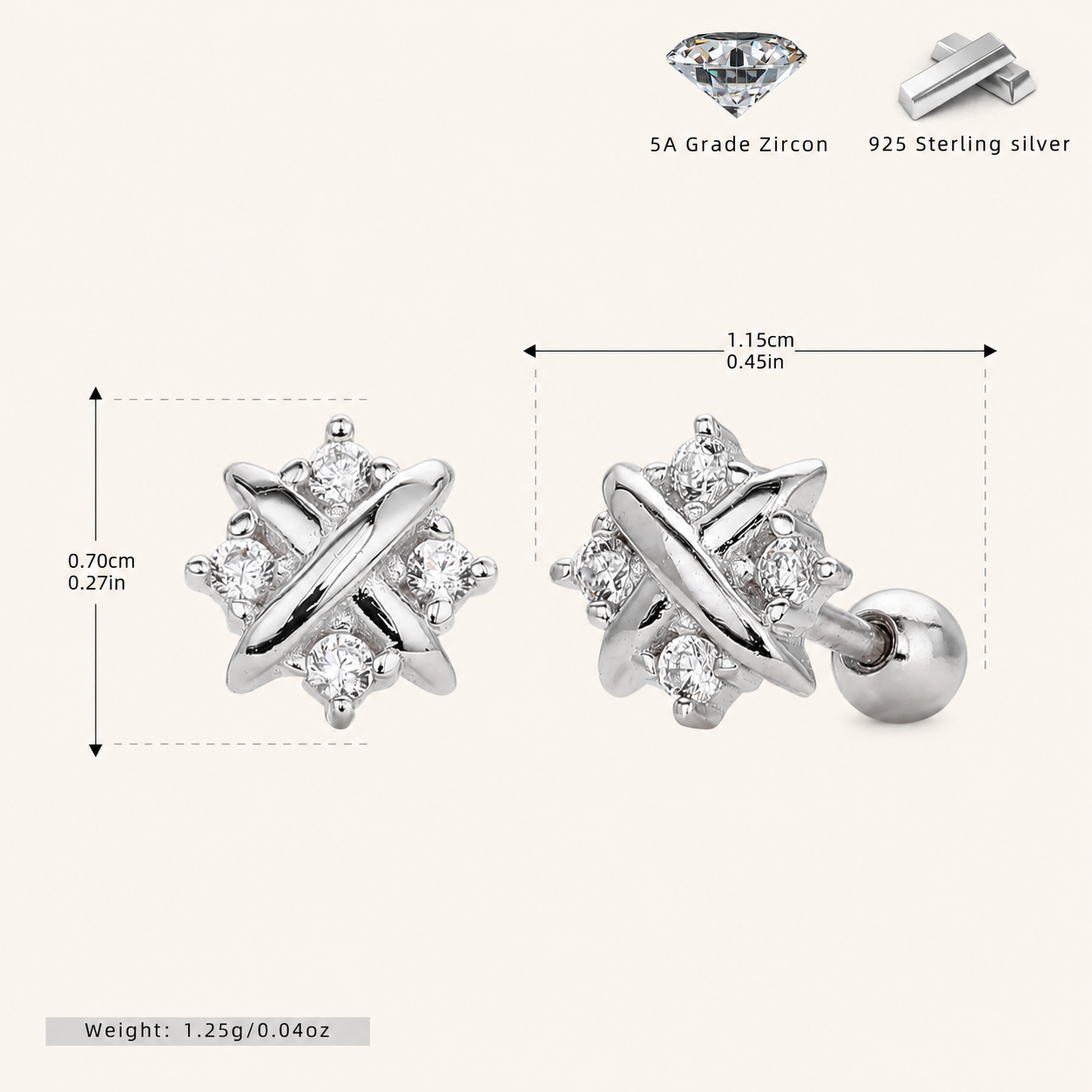Sterling Silver X-Shape Zirconia Flat Back Earrings - Platinum