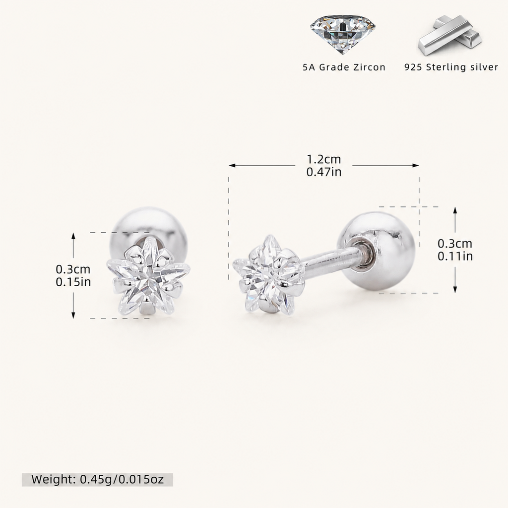 Sterling Silver Five-Point Star Zirconia Flat Back Earrings - Platinum / 3mm