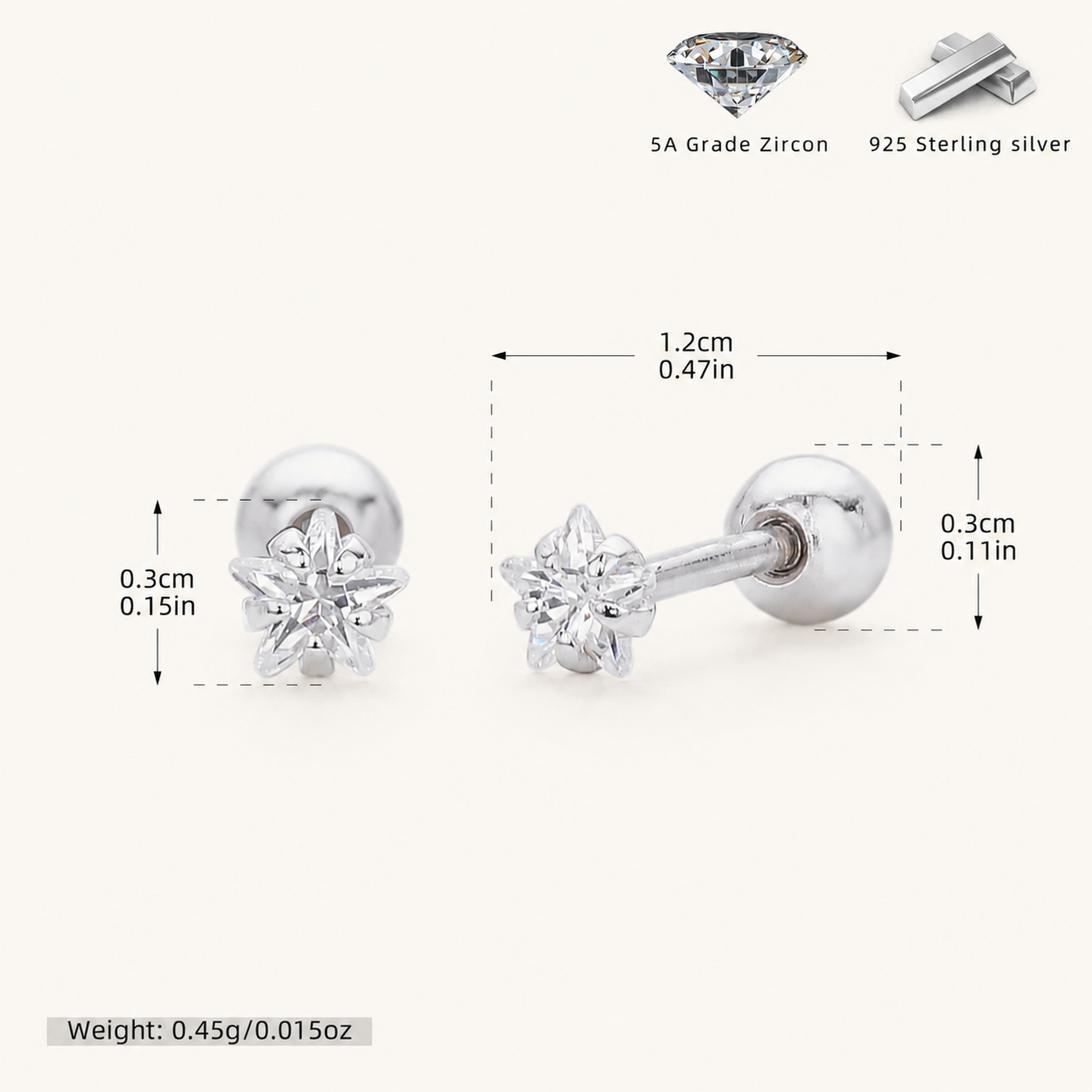 Sterling Silver Five-Point Star Zirconia Flat Back Earrings - Platinum / 3mm