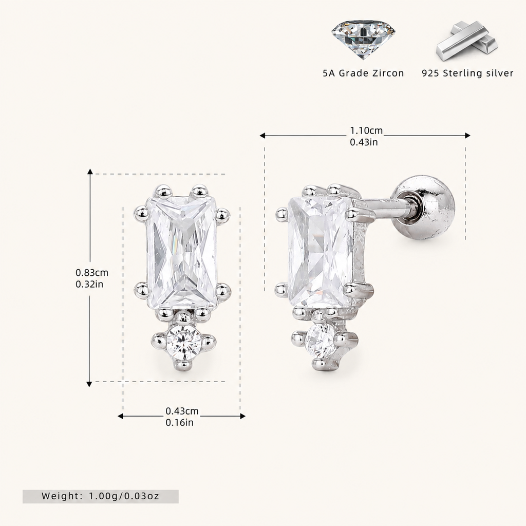 Sterling Silver Threaded Zirconia Cartilage Flat Back Earrings - Platinum