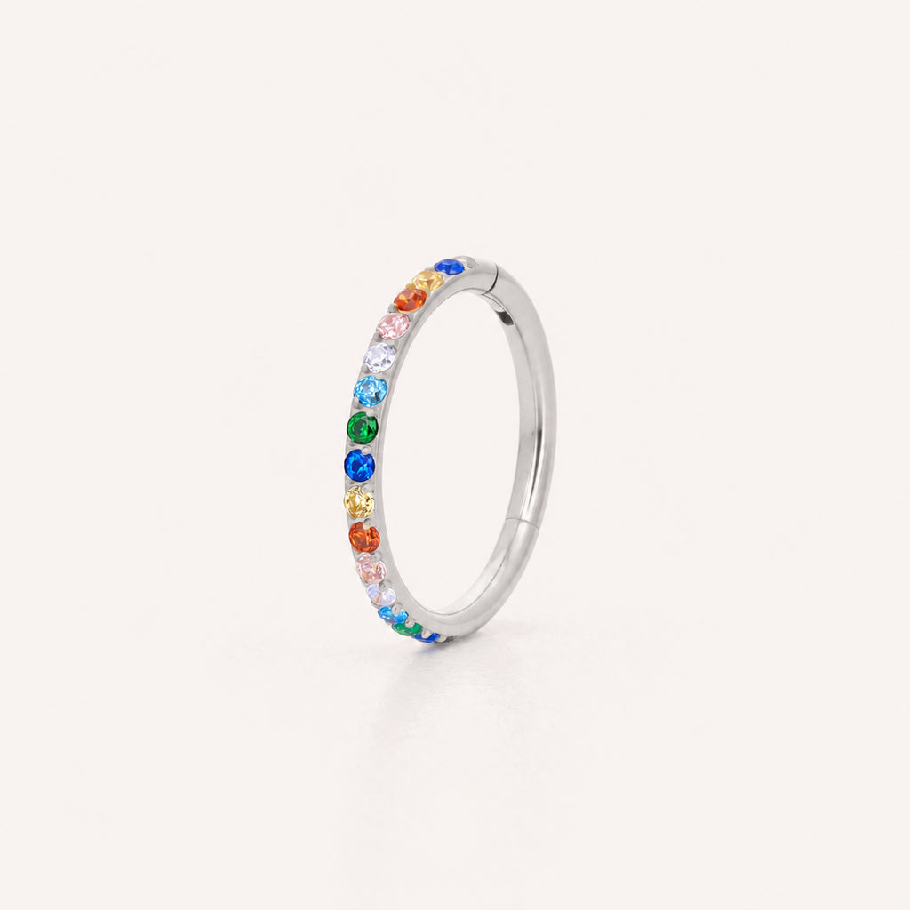 Rainbow Crystal Titanium Hoop Earrings - Silver