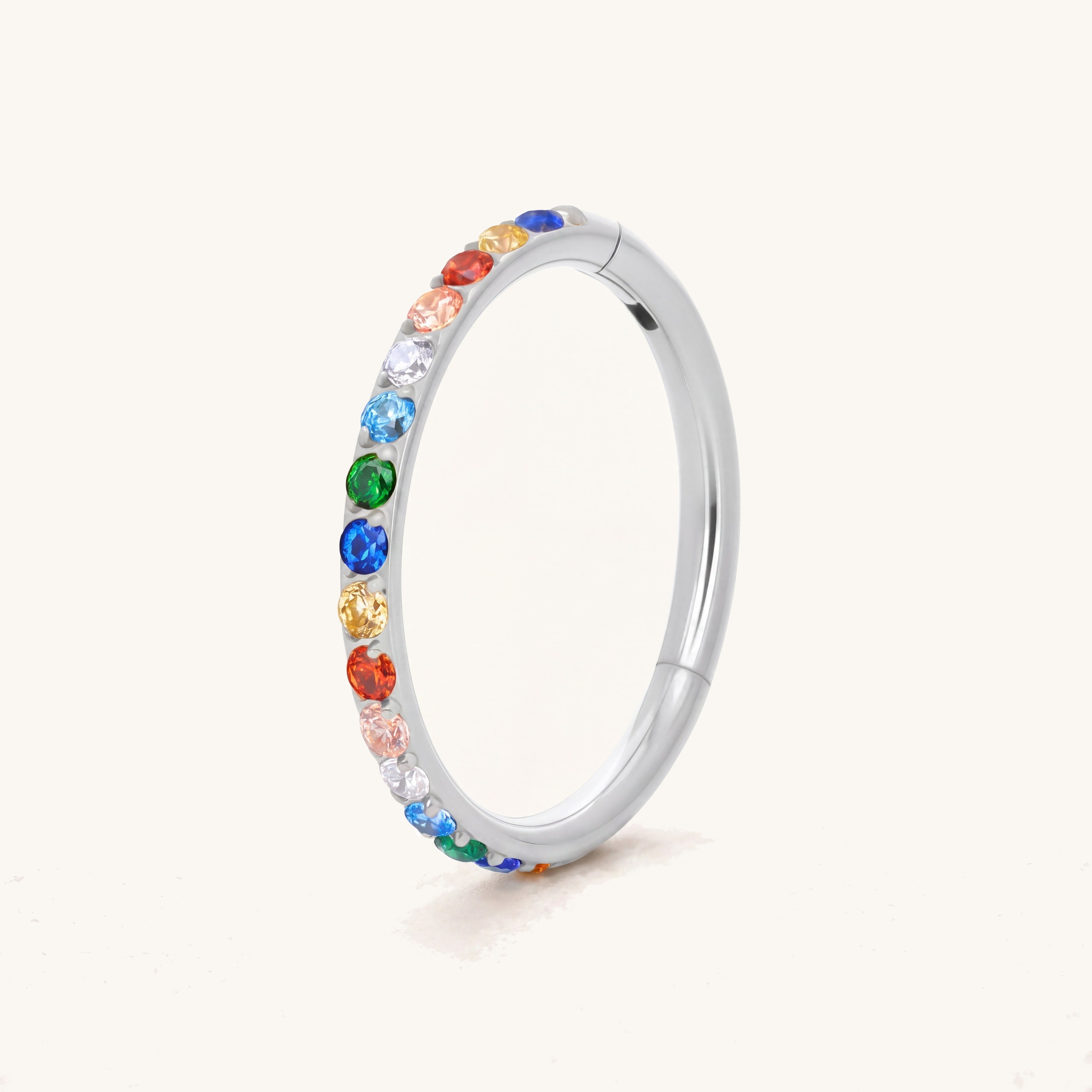 Rainbow Crystal Titanium Hoop Earrings - Silver