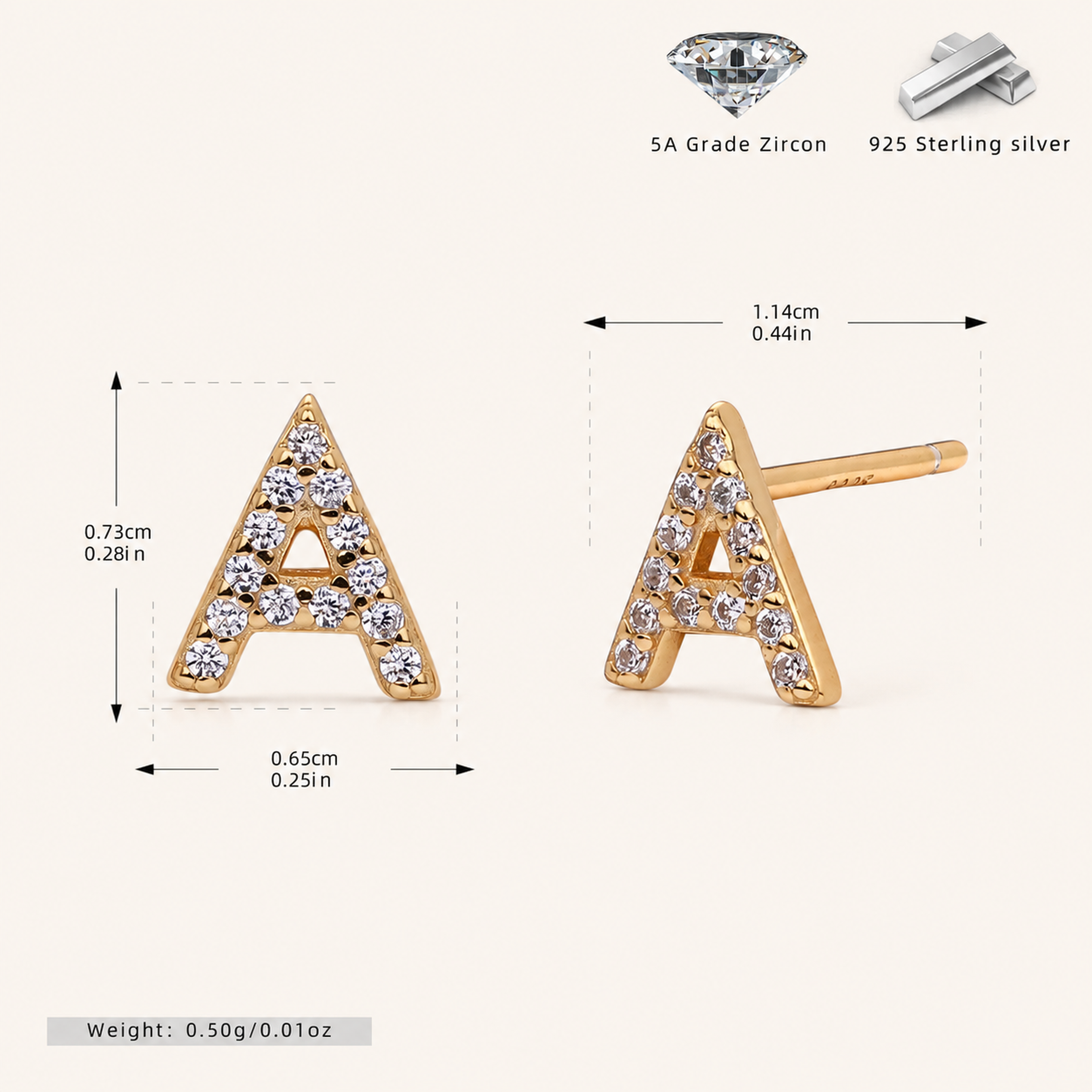 Sterling Silver Pave Initial Letter Stud Earrings - Gold / A
