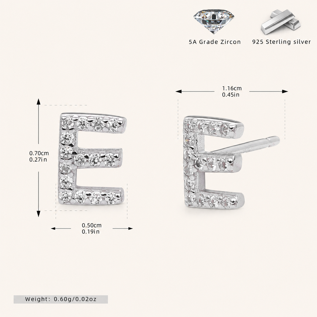 Sterling Silver Pave Initial Letter Stud Earrings - Platinum / E