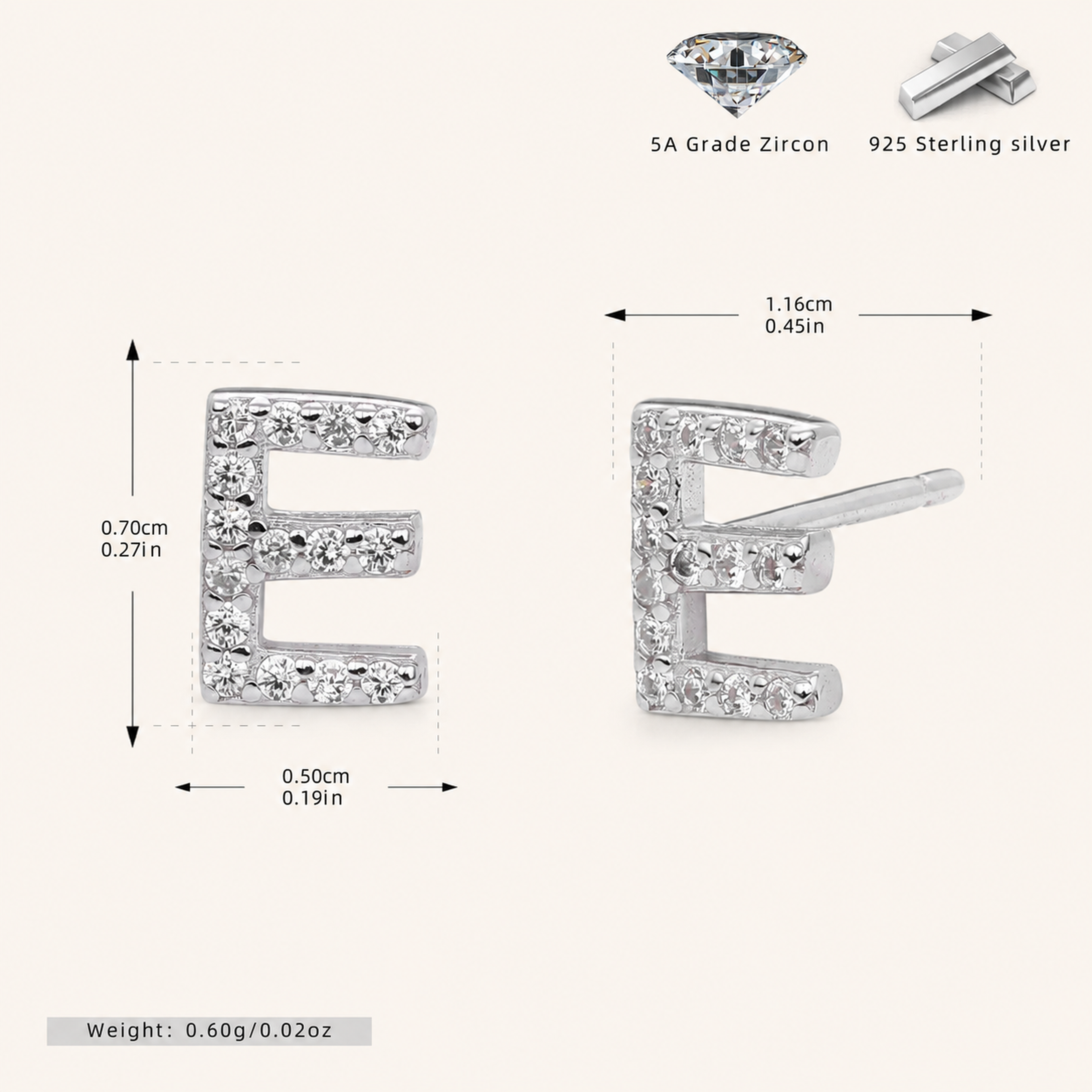 Sterling Silver Pave Initial Letter Stud Earrings - Platinum / E