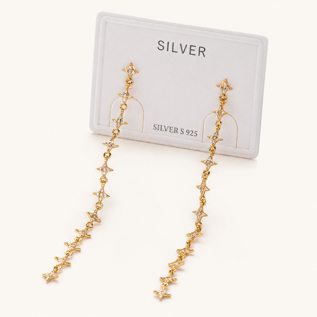 Sterling Silver Star Zirconia Tassel Drop Stud Earrings detail