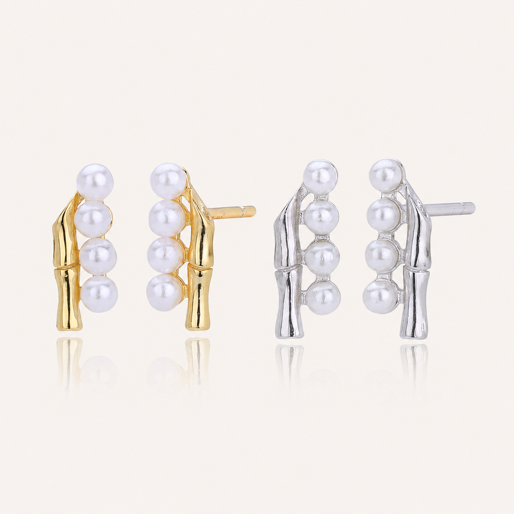 Sterling Silver Bamboo Pearl Stud Earrings
