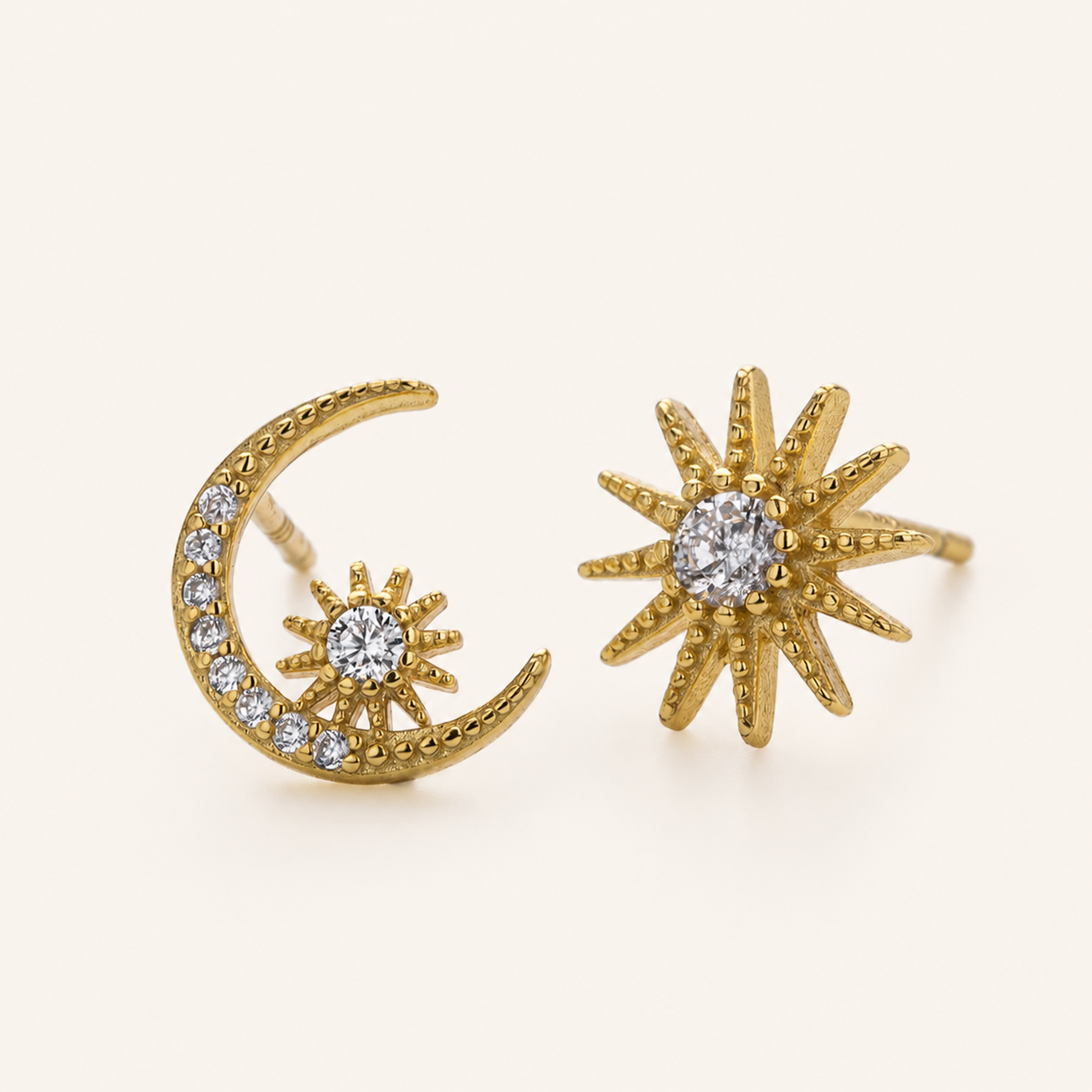 Sterling Silver Zirconia Star and Moon Stud Earrings detail view