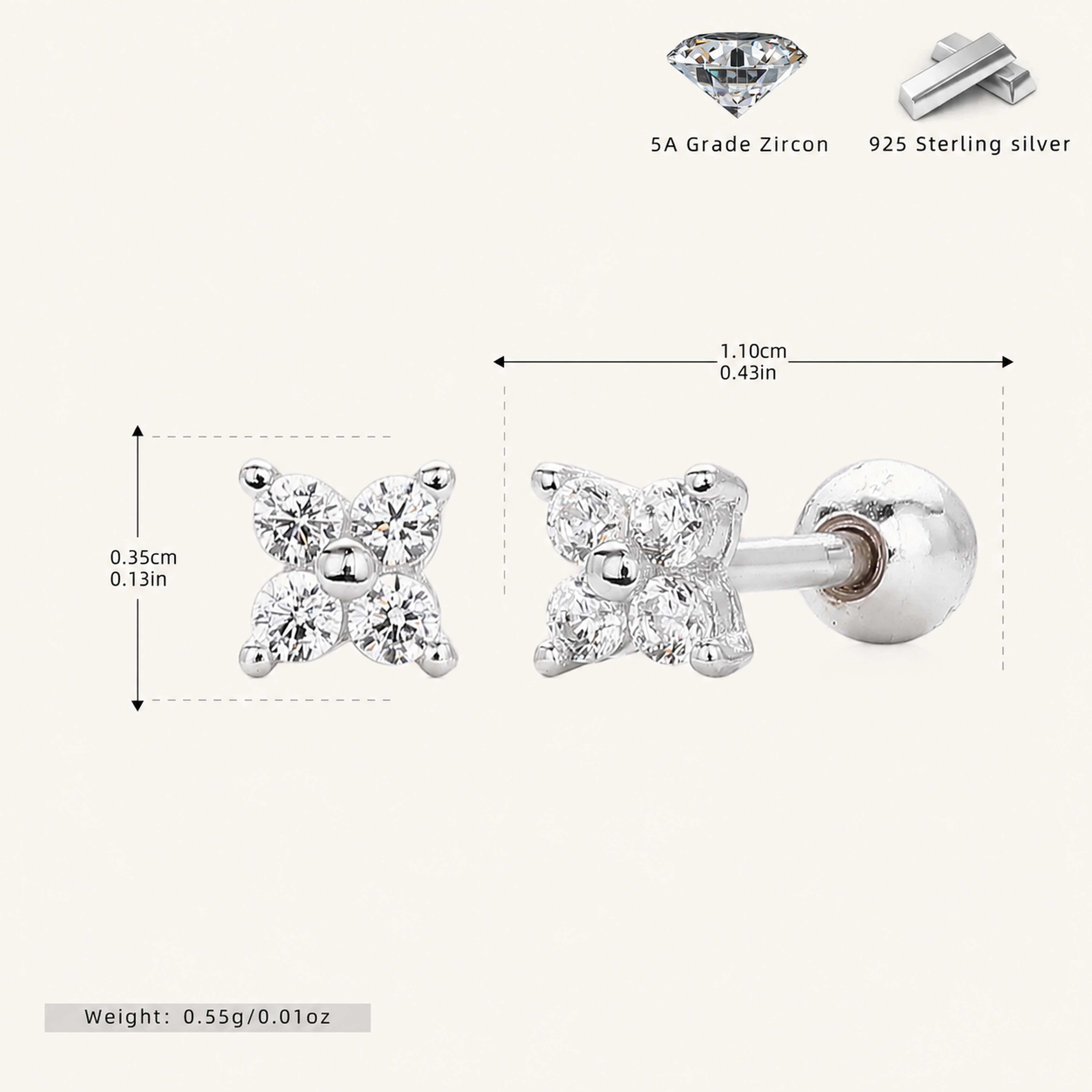 Sterling Silver Three-Stone Zirconia Cartilage Flat Back Earrings - Platinum