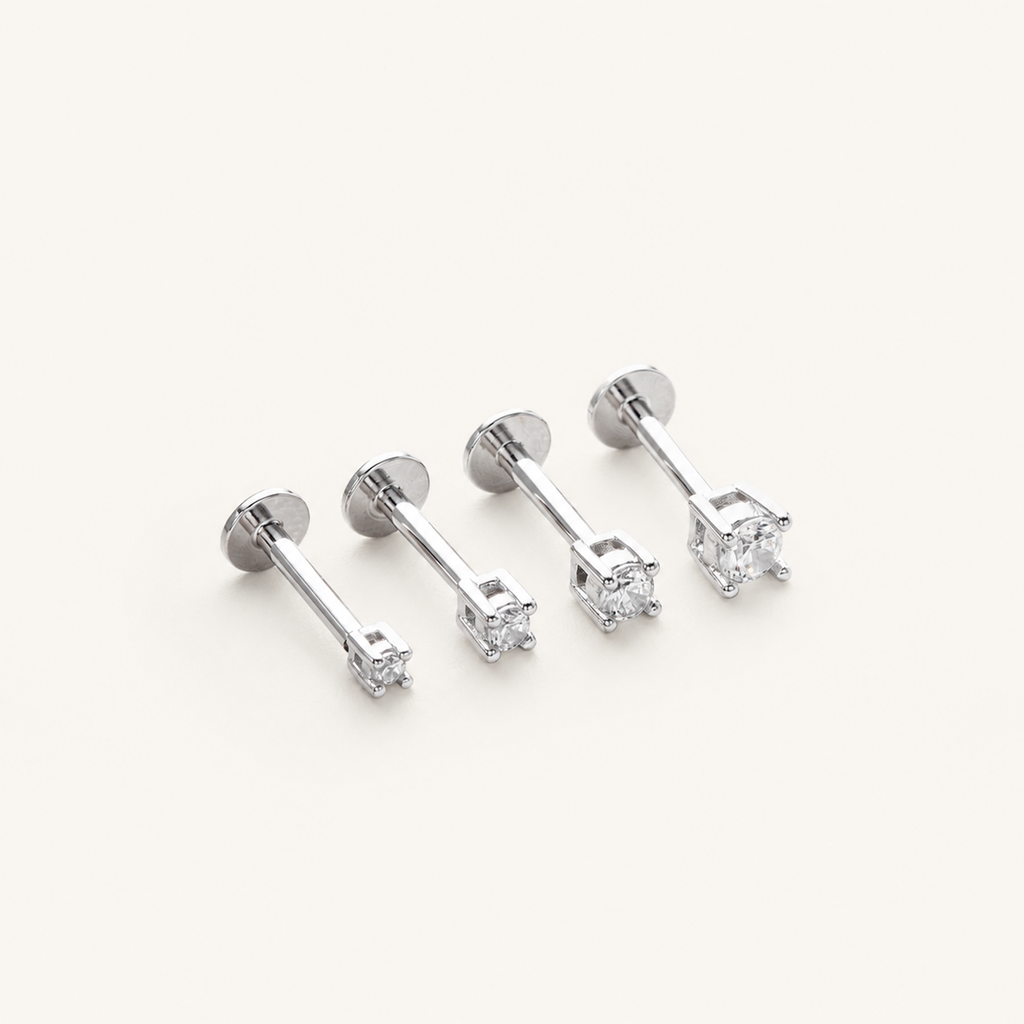 Sterling Silver Round Zirconia Solitaire Flat Back Earrings detail