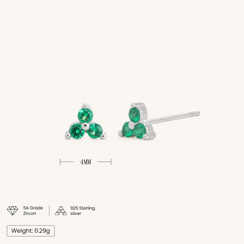 Sterling Silver Triangle Zirconia Stud Earrings - Platinum / Emerald