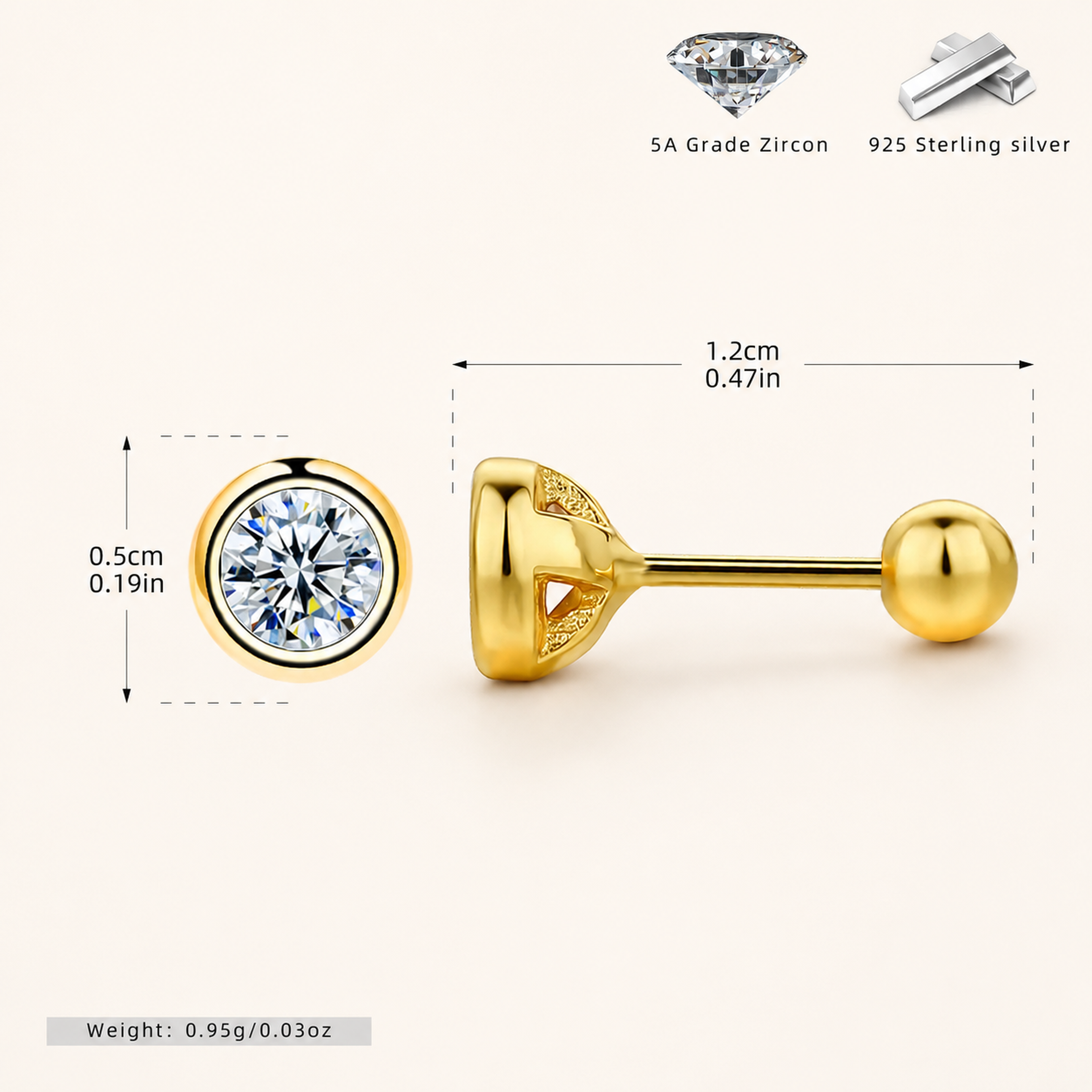 Sterling Silver Bezel-Set Zirconia Flat Back Earrings - Gold / 3.5mm
