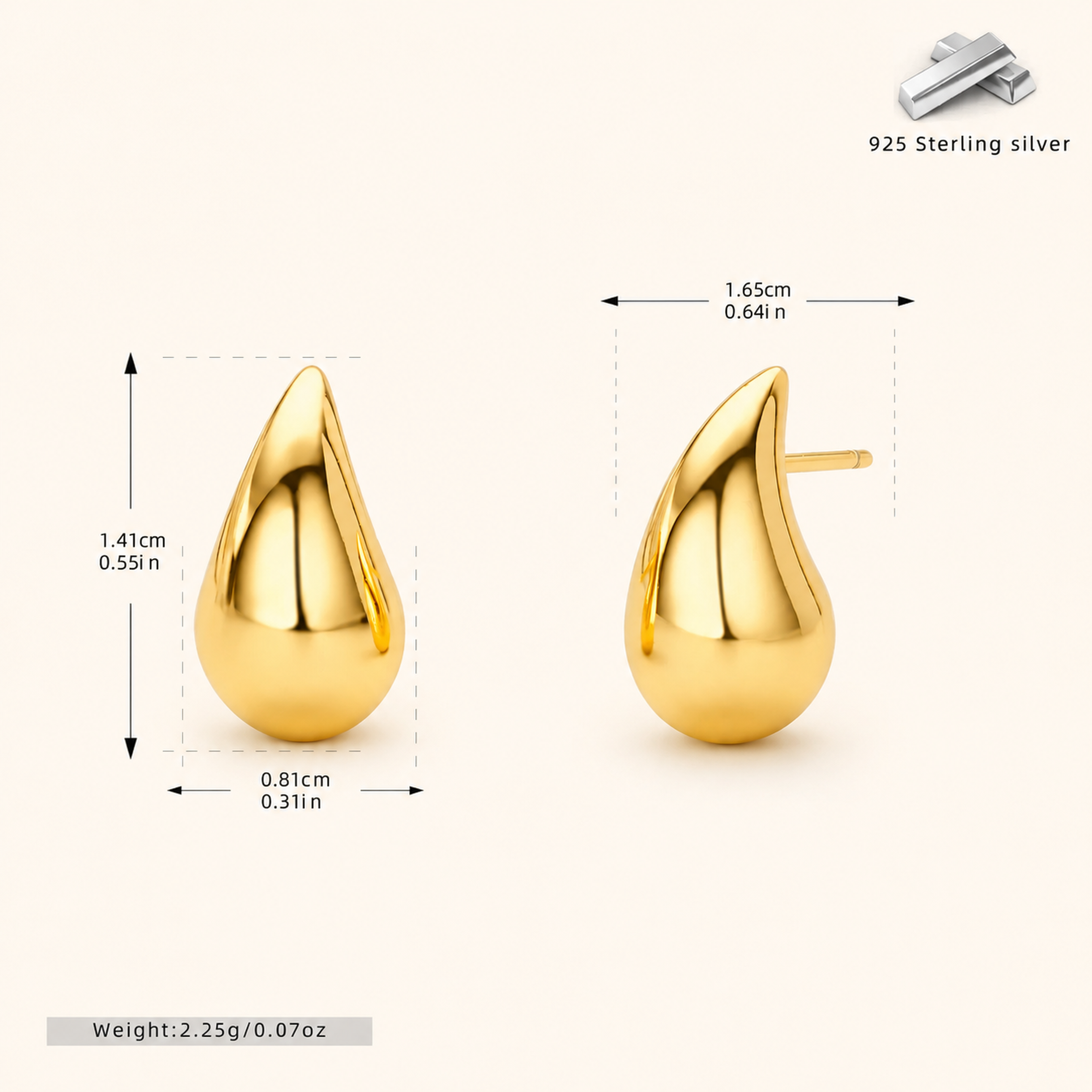 Sterling Silver Teardrop Stud Earrings - Gold / Medium