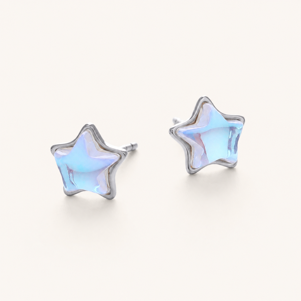 Sterling Silver Moonstone Star Stud Earrings detail view