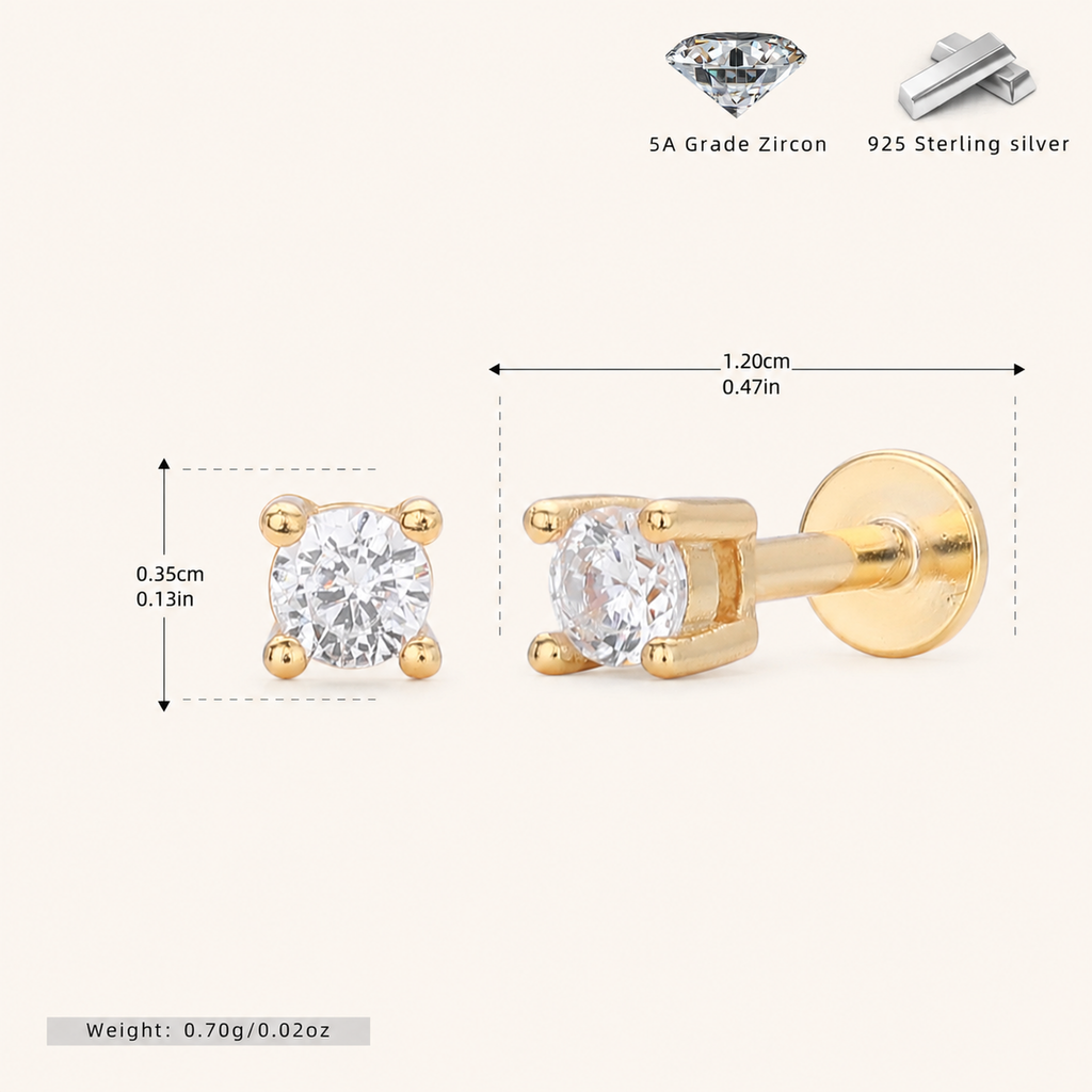 Sterling Silver Round Zirconia Solitaire Flat Back Earrings - Gold / 3.0mm