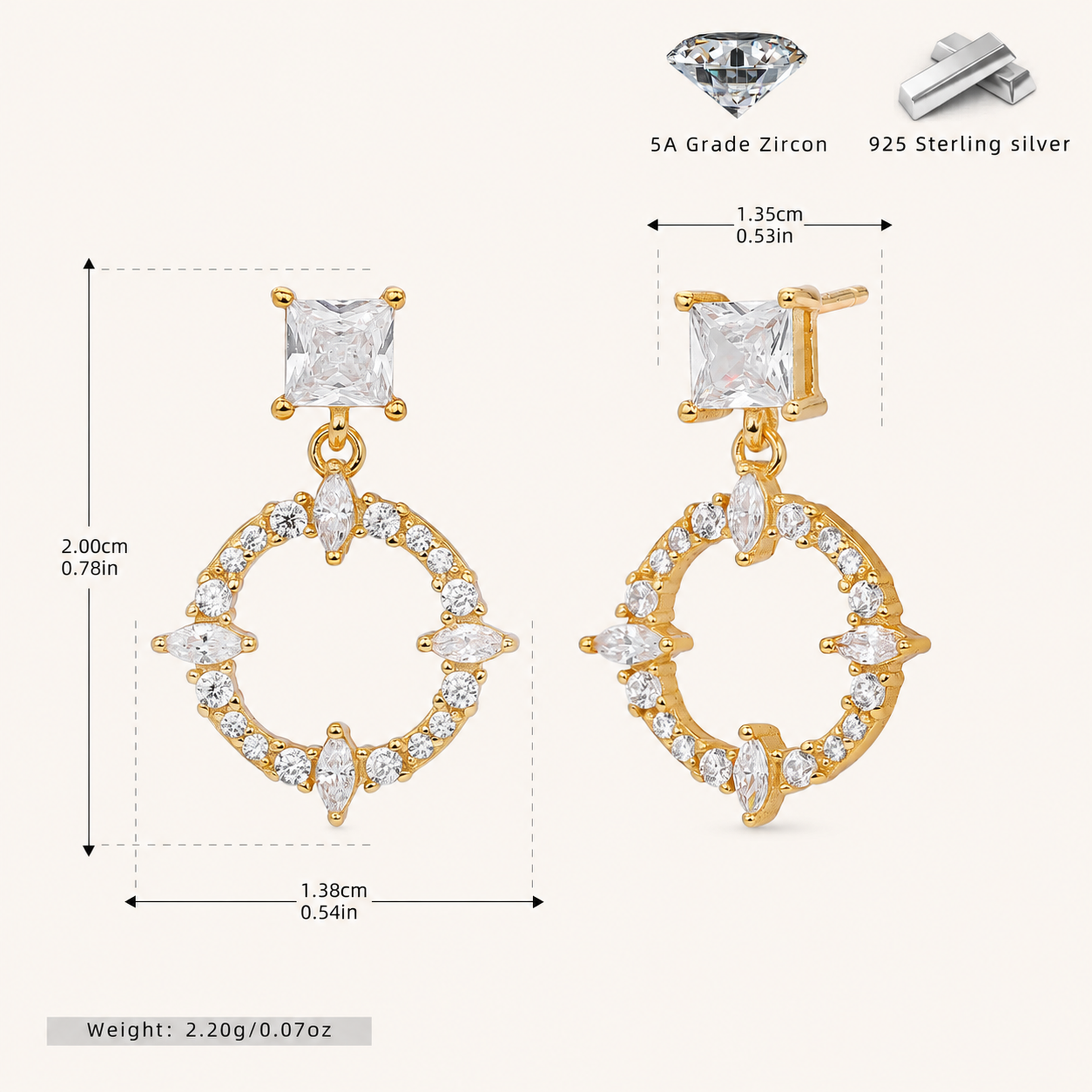 Sterling Silver French Pavé Zirconia Stud Earrings - Gold