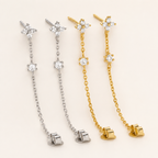Sterling Silver Flower Zirconia Chain Drop Stud Earrings detail