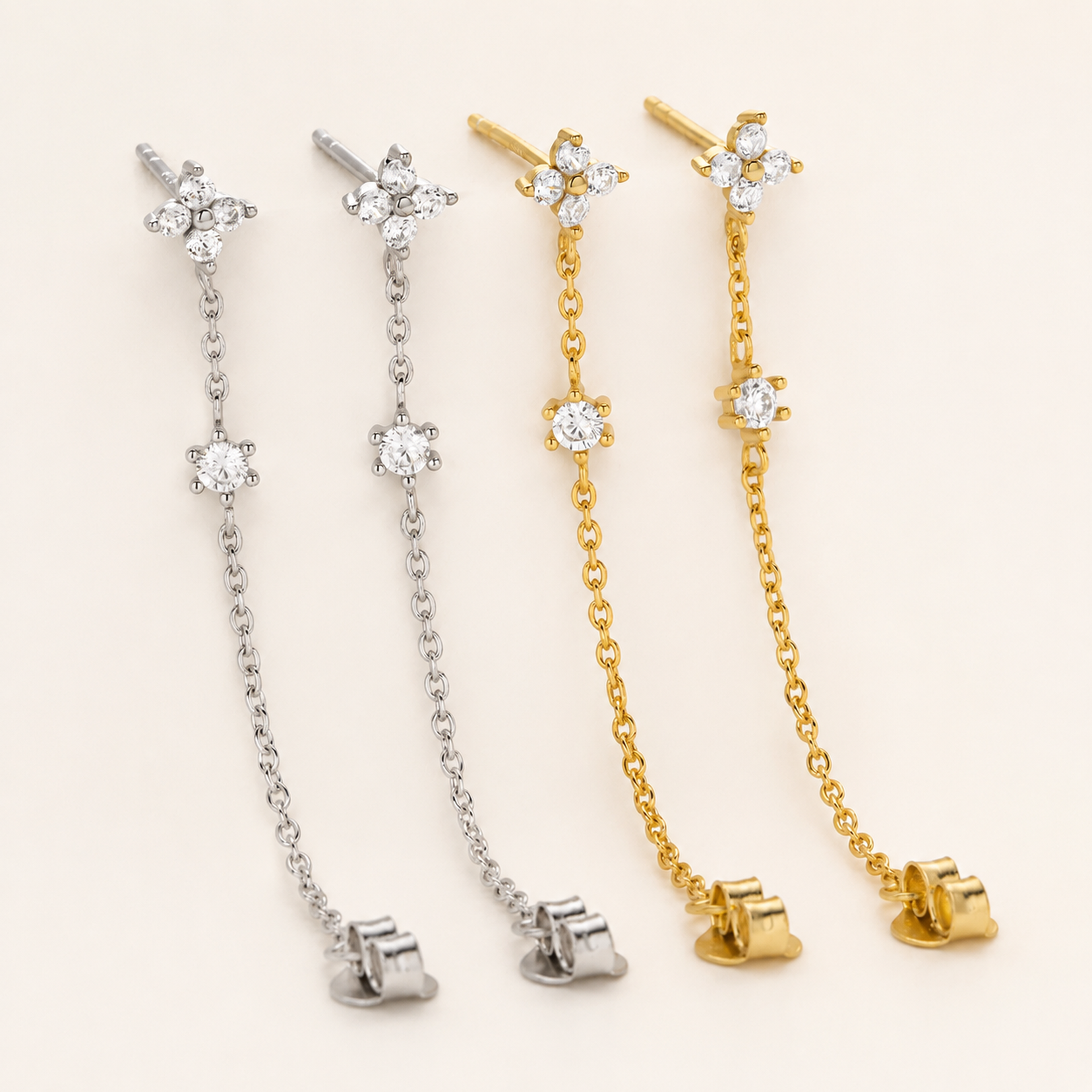 Sterling Silver Flower Zirconia Chain Drop Stud Earrings detail