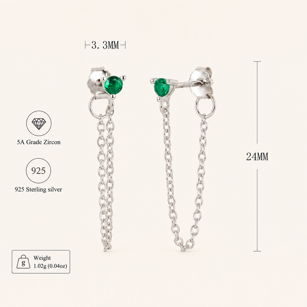 Sterling Silver Turquoise Chain Threader Earrings - Platinum / Green