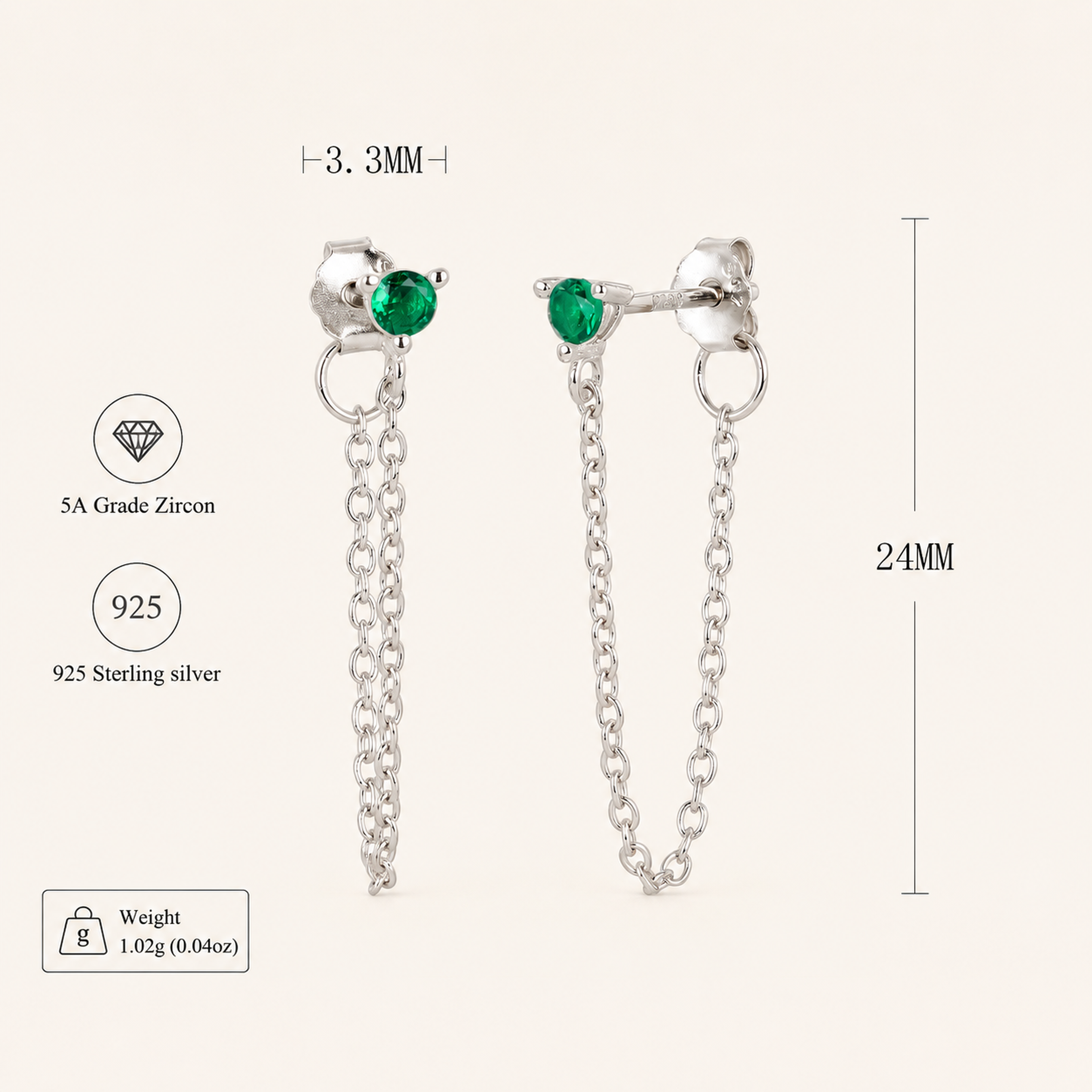 Sterling Silver Turquoise Chain Threader Earrings - Platinum / Green