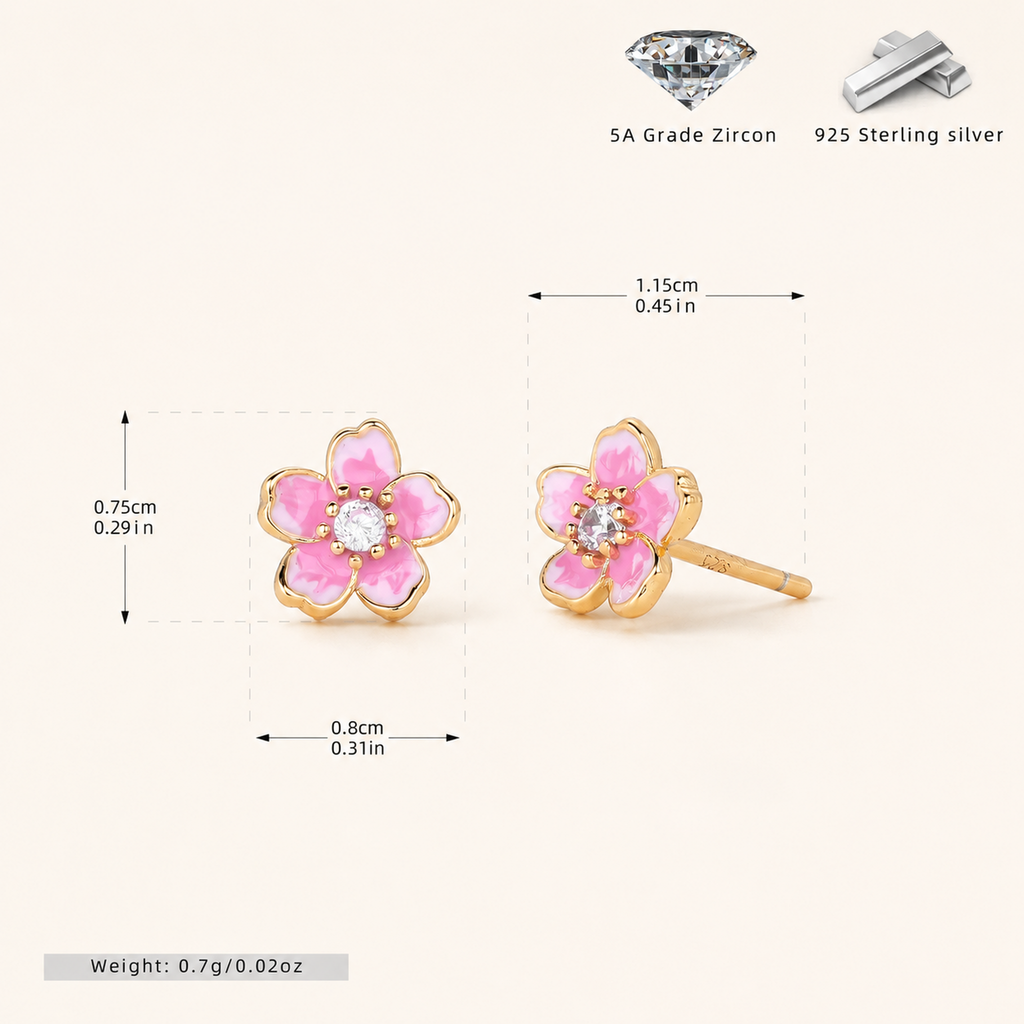 Sterling Silver Cherry Blossom Zirconia Stud Earrings - Gold / 1